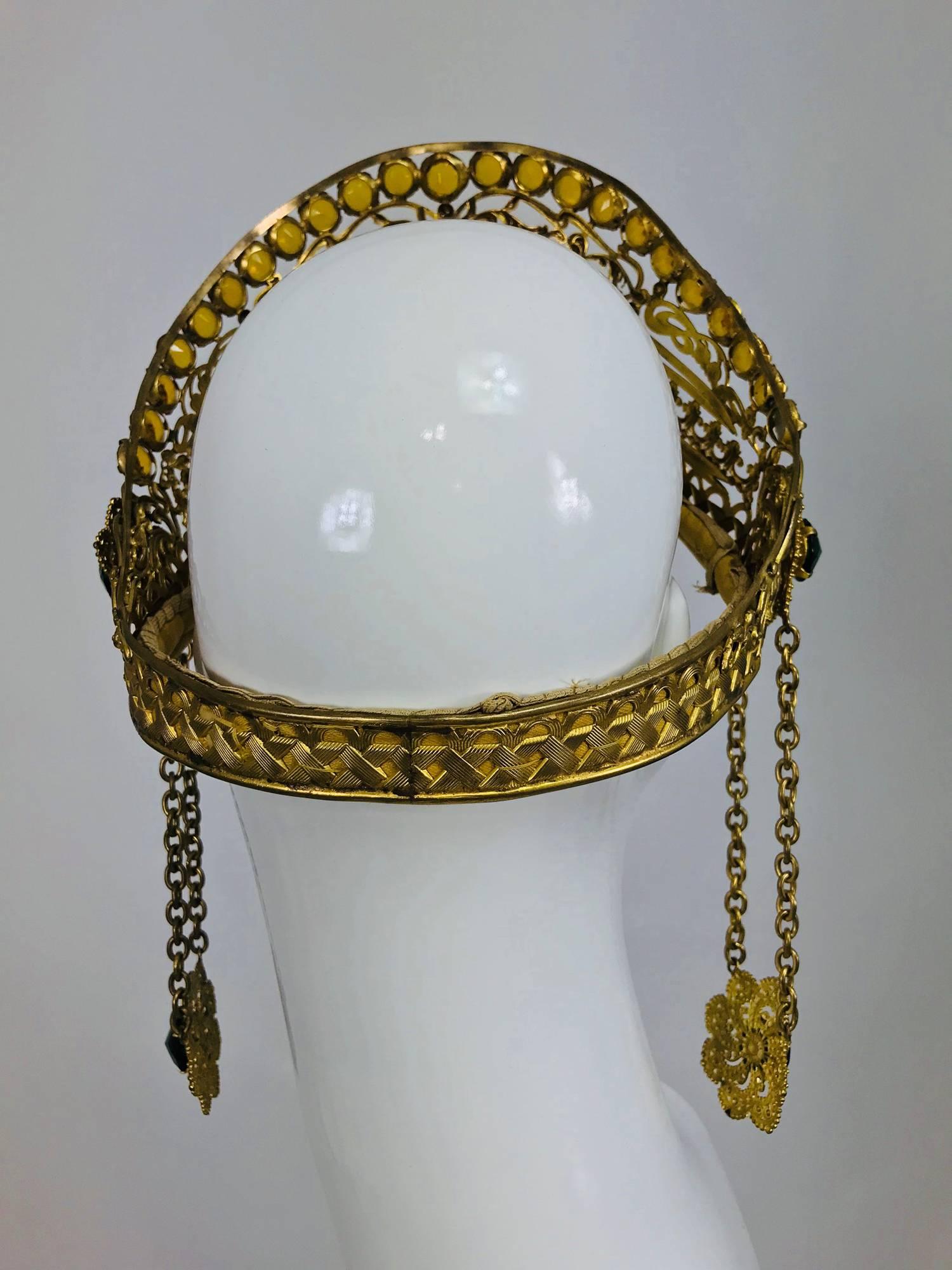 Rare Crown headdress gilt metal with jewels and side drops early 1900s In Excellent Condition In West Palm Beach, FL