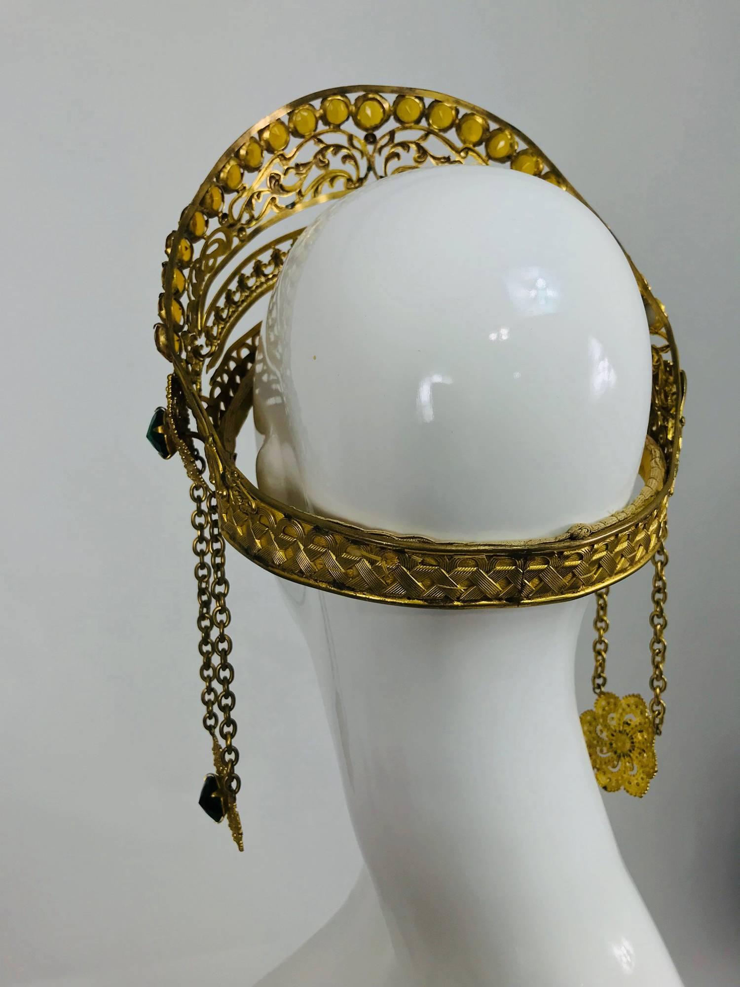 Men's Rare Crown headdress gilt metal with jewels and side drops early 1900s
