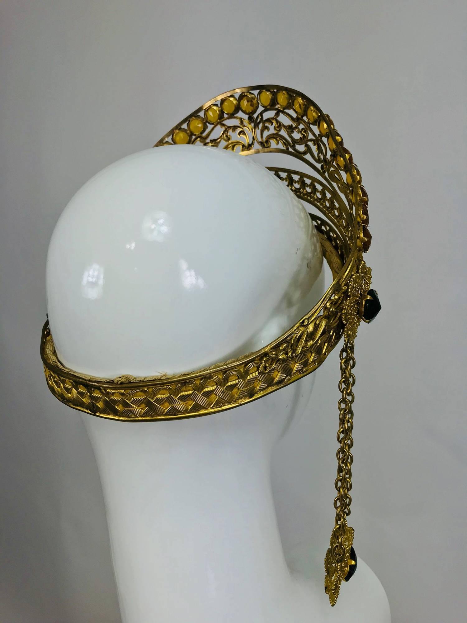 Rare Crown headdress gilt metal with jewels and side drops early 1900s 1