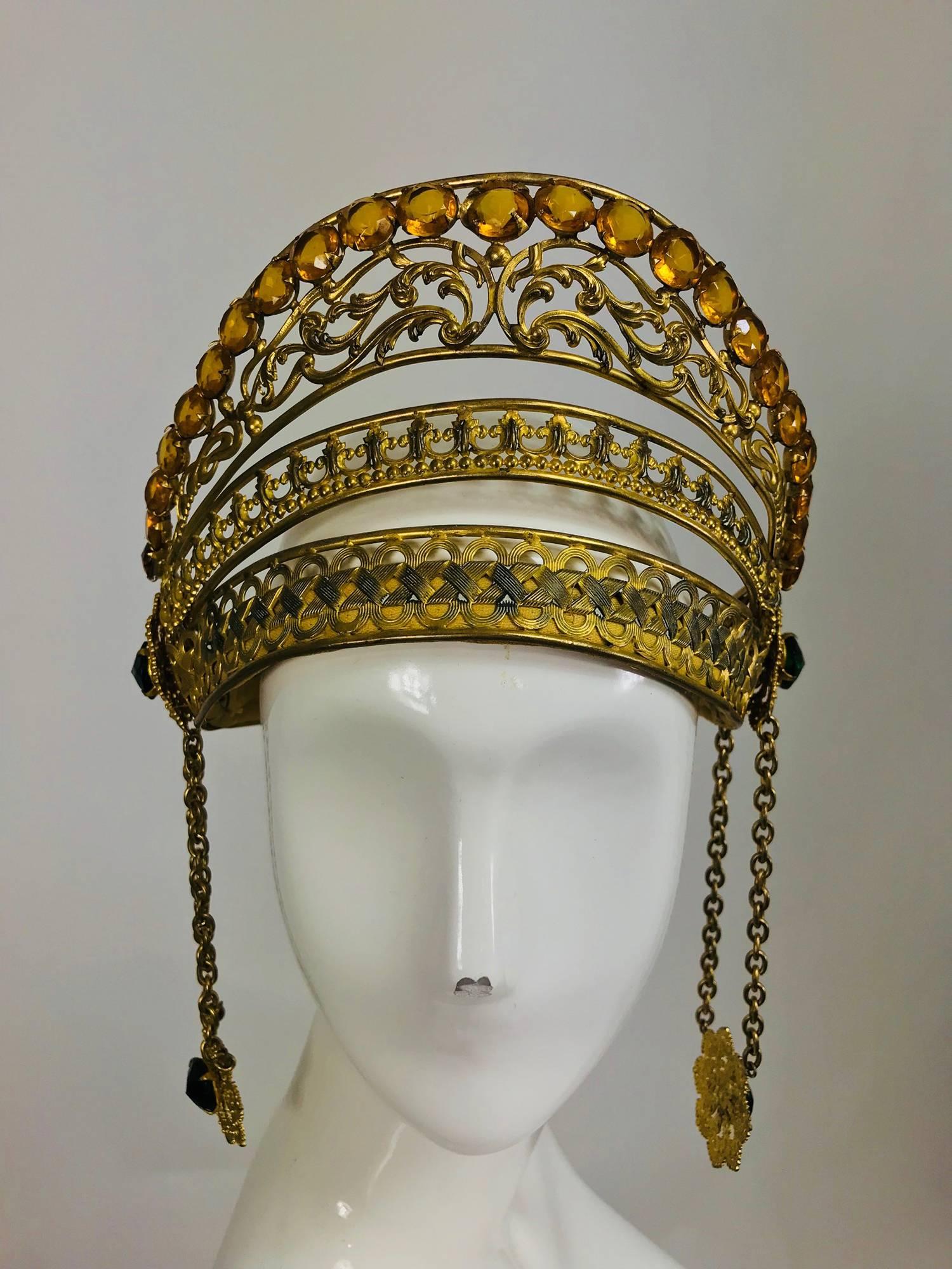 Rare Crown headdress gilt metal with jewels and side drops early 1900s 3
