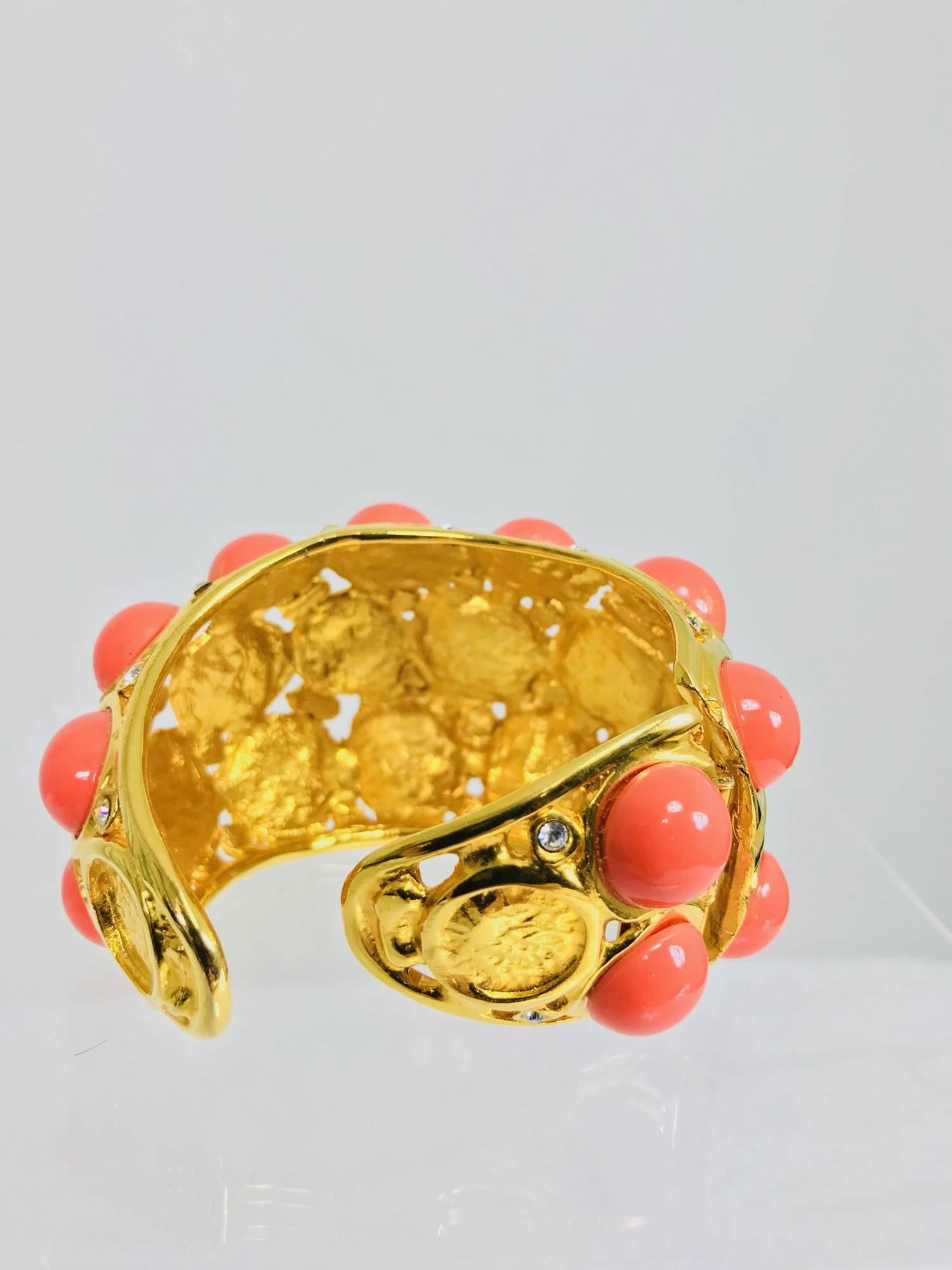 Women's Kenneth J Lane faux coral turquoise rhinestone gold clamp cuff bracelet