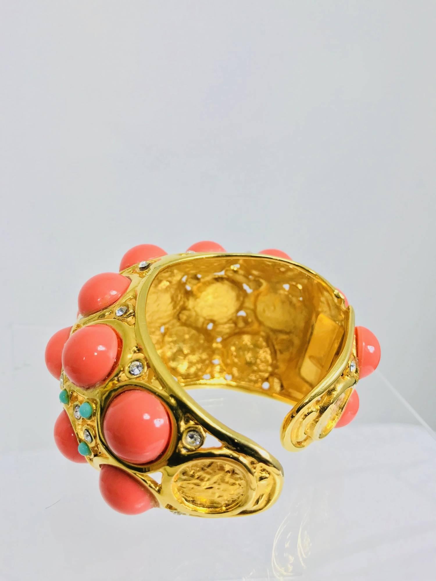 Kenneth J Lane faux coral turquoise rhinestone gold clamp cuff bracelet 1