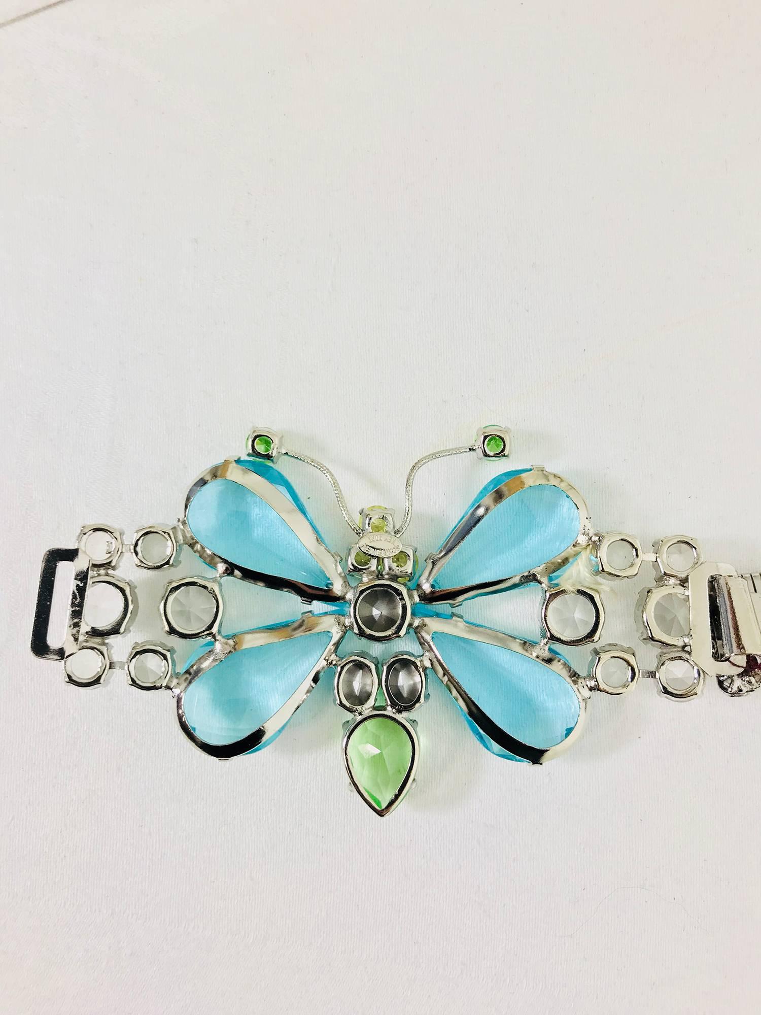 Schreiner New York signed aqua green crystal with silver stretch belt 1960s In Excellent Condition In West Palm Beach, FL