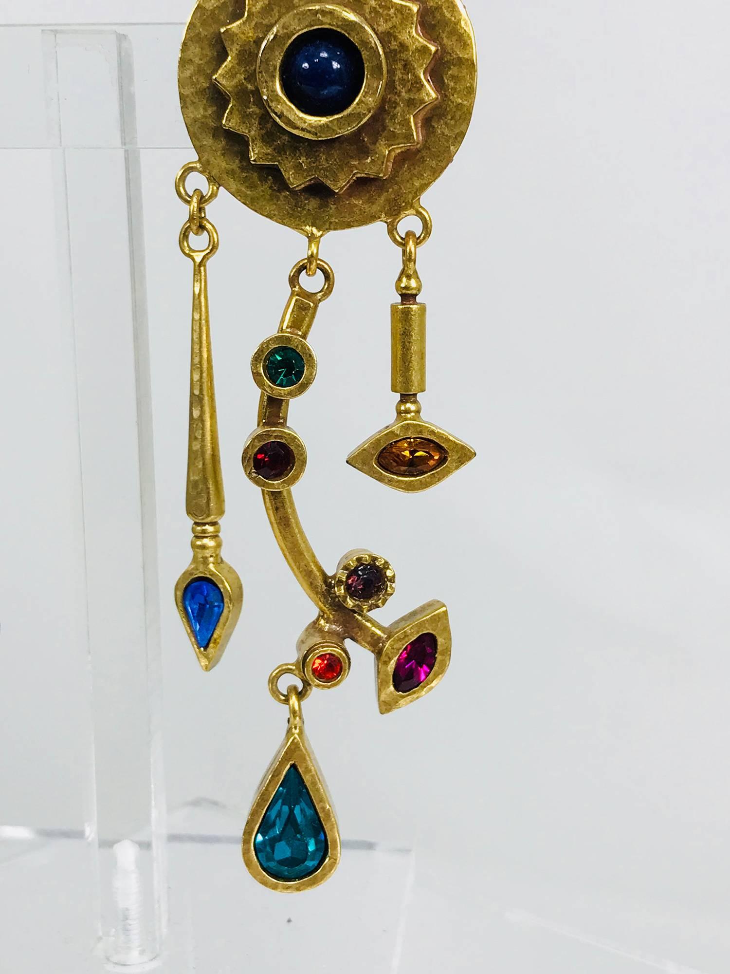 Patricia Locke abstract gold metal and coloured stone shoulder duster earringns In Excellent Condition In West Palm Beach, FL