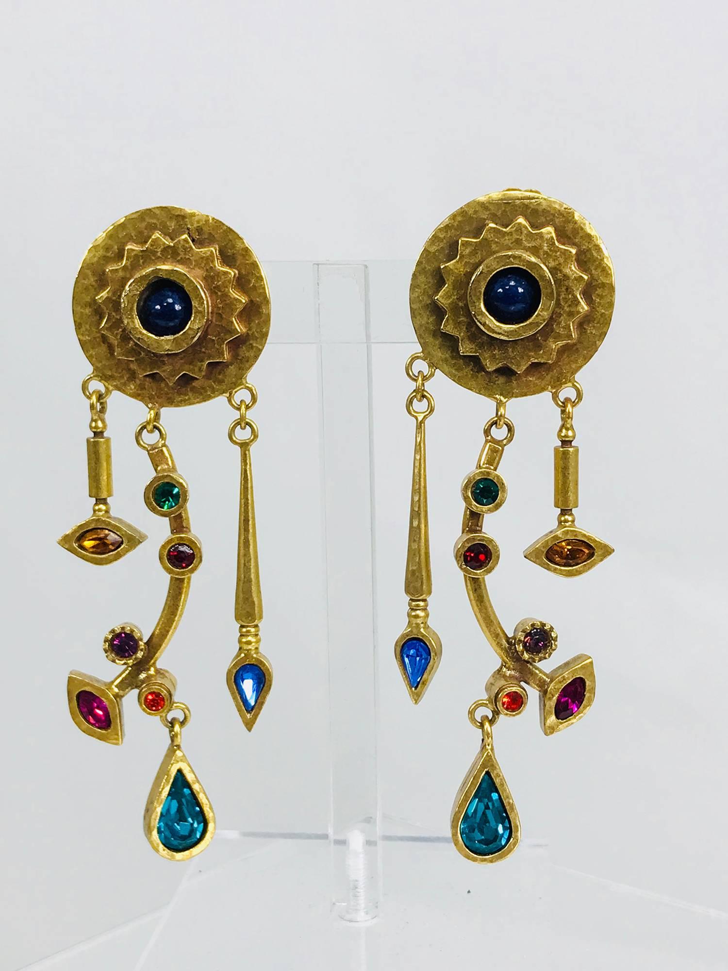 Patricia Locke abstract gold metal and coloured stone shoulder duster earringns 2