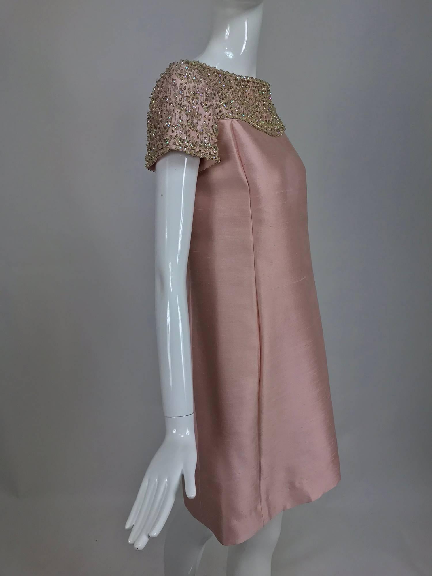 Gray Vintage Malcolm Starr beaded pink silk princess seam cocktail dress 1960s