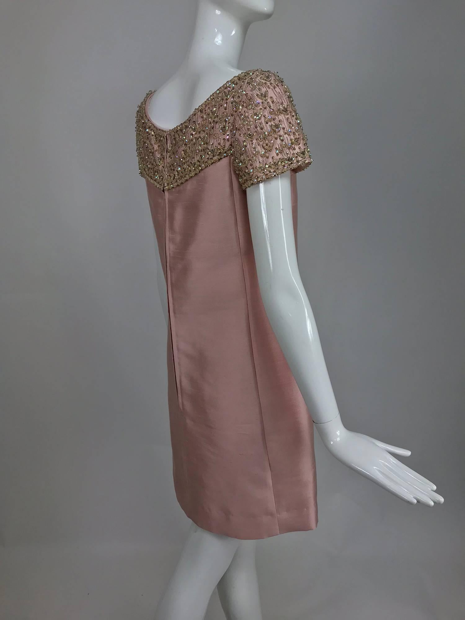 Vintage Malcolm Starr beaded pink silk princess seam cocktail dress 1960s In Excellent Condition In West Palm Beach, FL