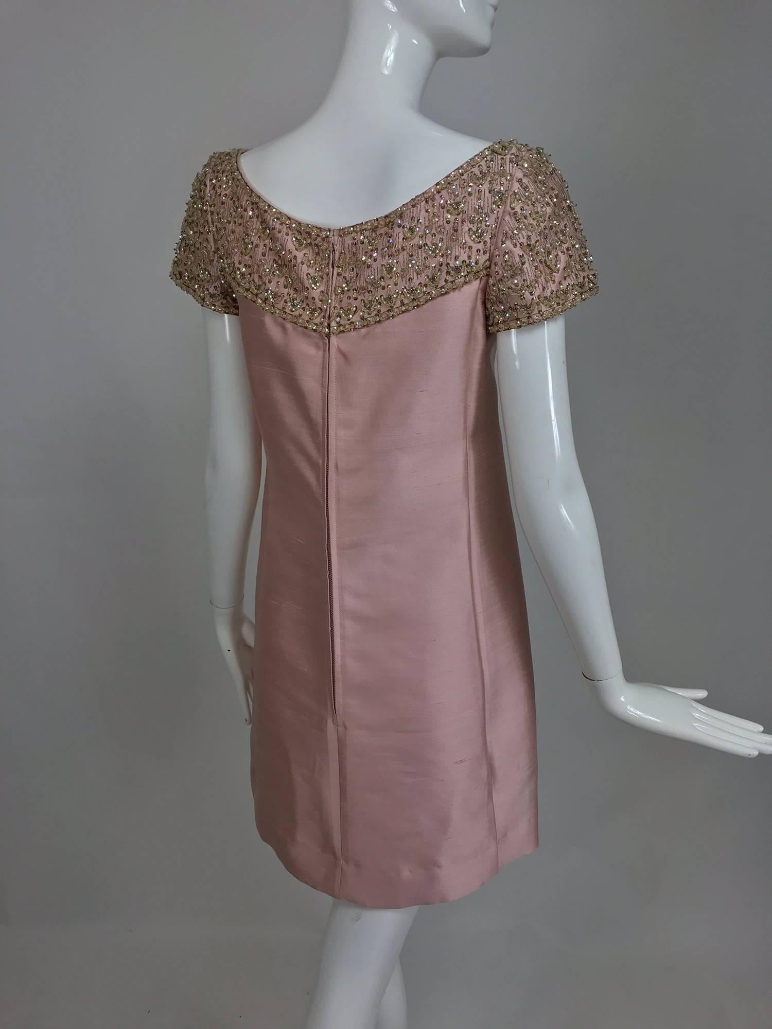 Women's Vintage Malcolm Starr beaded pink silk princess seam cocktail dress 1960s