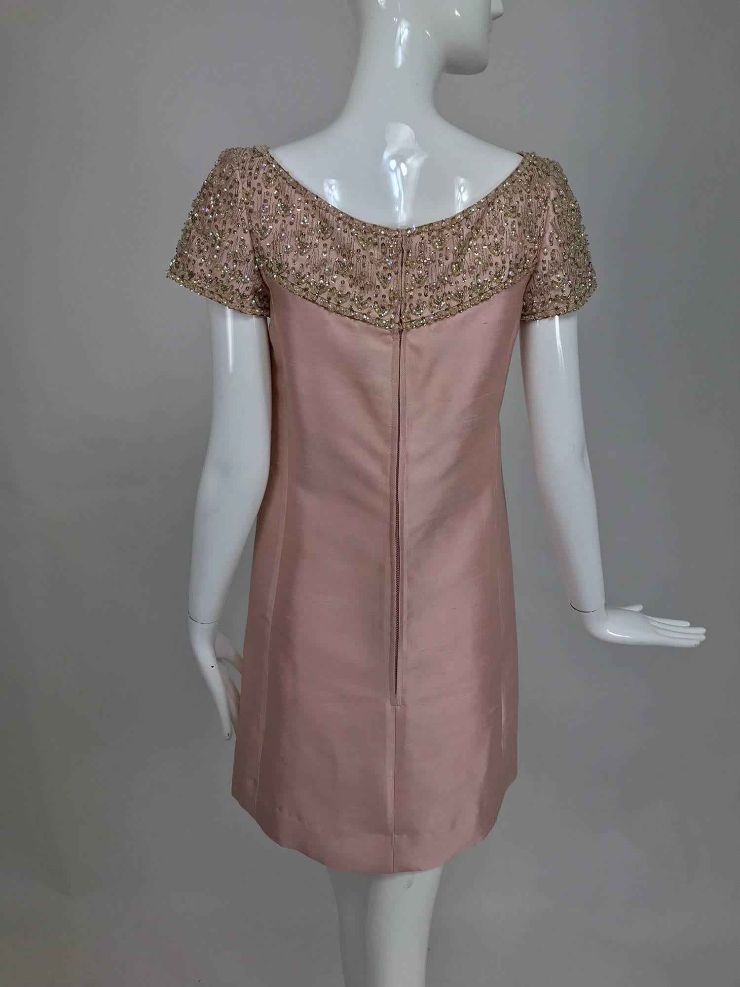 Vintage Malcolm Starr beaded pink silk princess seam cocktail dress 1960s 1
