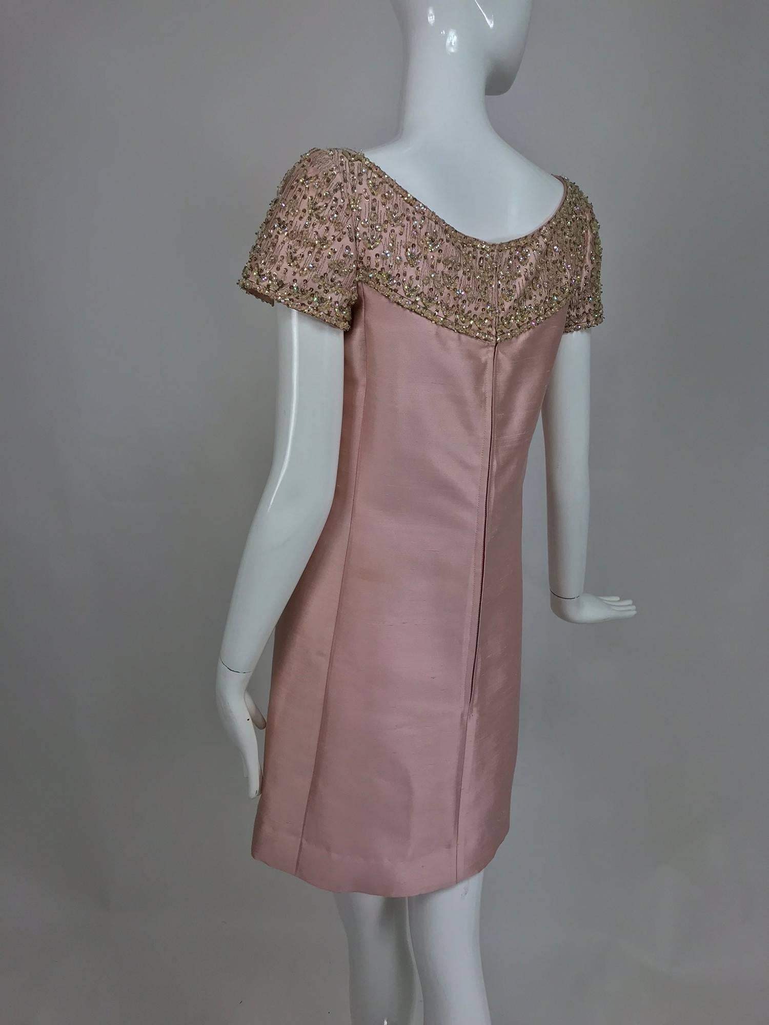 Vintage Malcolm Starr beaded pink silk princess seam cocktail dress 1960s 2