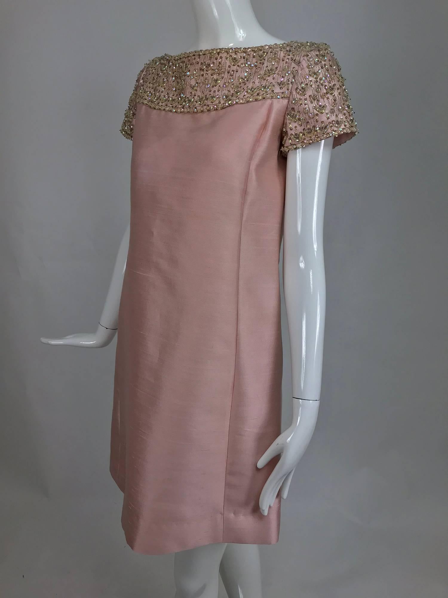 Vintage Malcolm Starr beaded pink silk princess seam cocktail dress 1960s 3