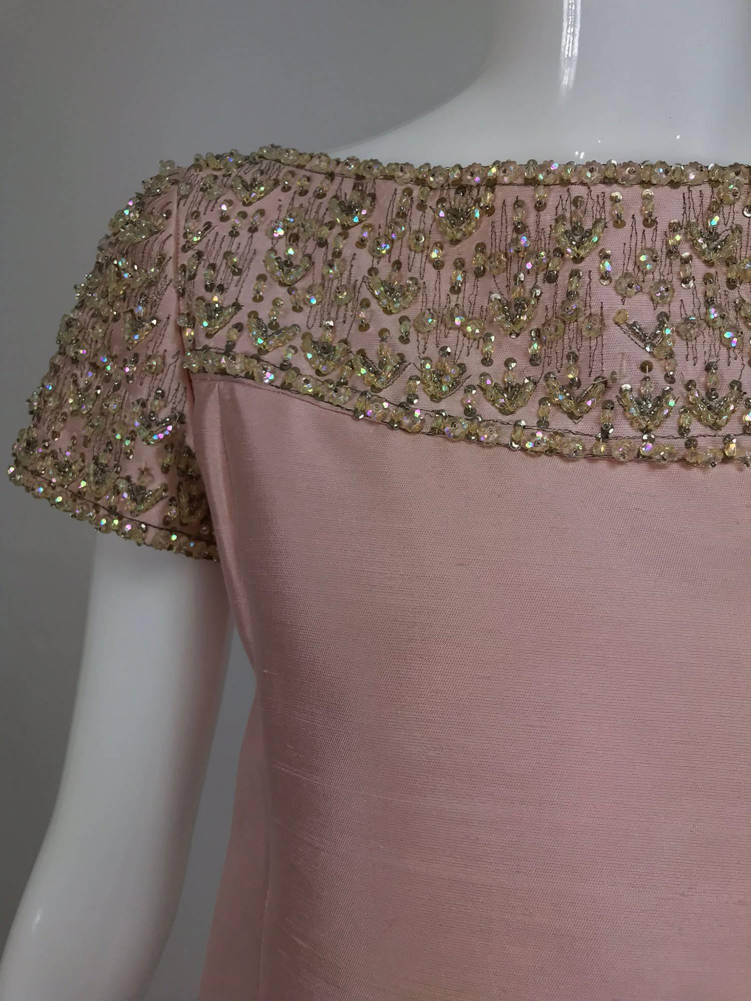 Vintage Malcolm Starr beaded pink silk princess seam cocktail dress 1960s 4