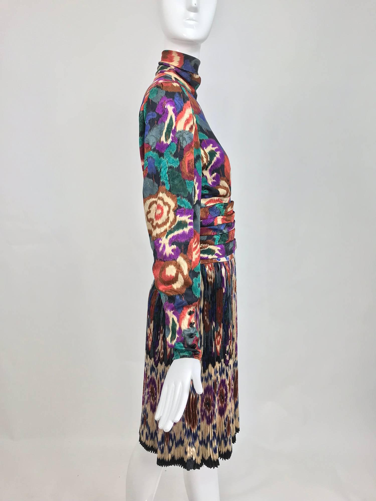 Women's Vintage Ungaro rich silk jacqard ikat print pleated skirt and top 1980s