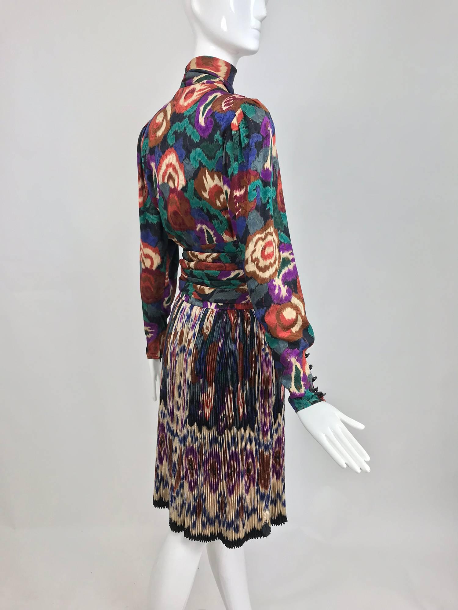Vintage Ungaro rich silk jacqard ikat print pleated skirt and top 1980s 1