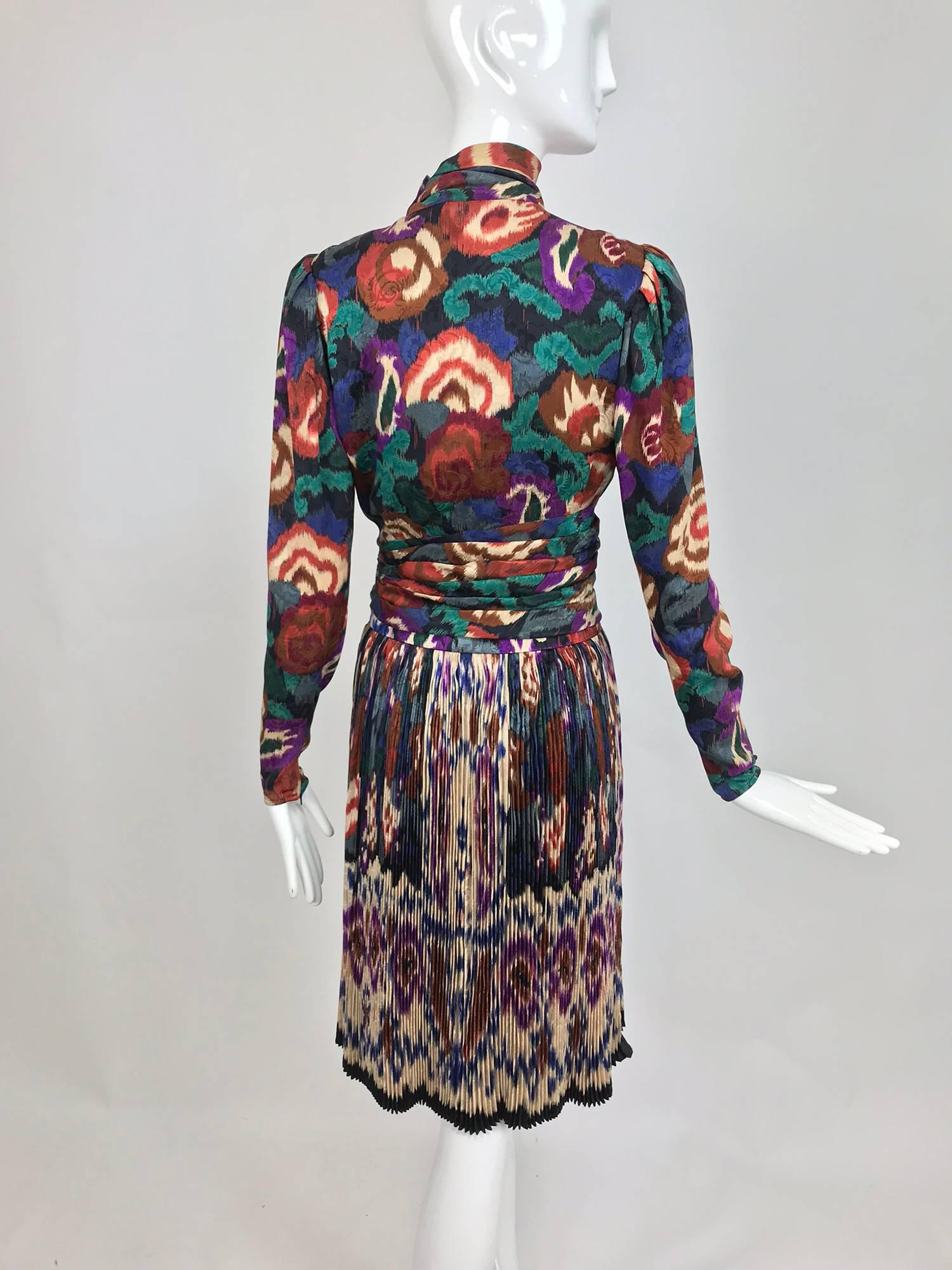 Vintage Ungaro rich silk jacqard ikat print pleated skirt and top 1980s 2