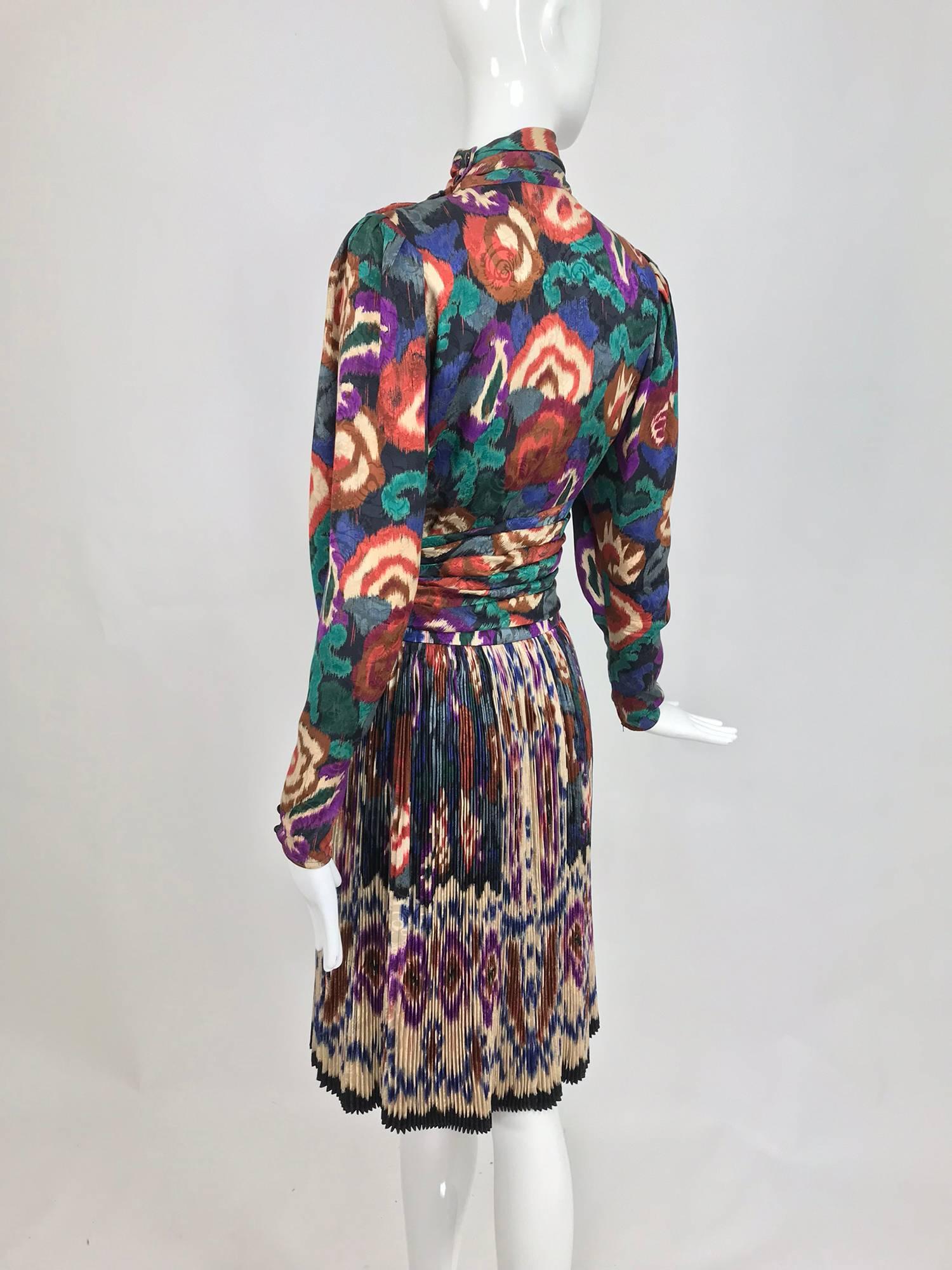 Vintage Ungaro rich silk jacqard ikat print pleated skirt and top 1980s 3