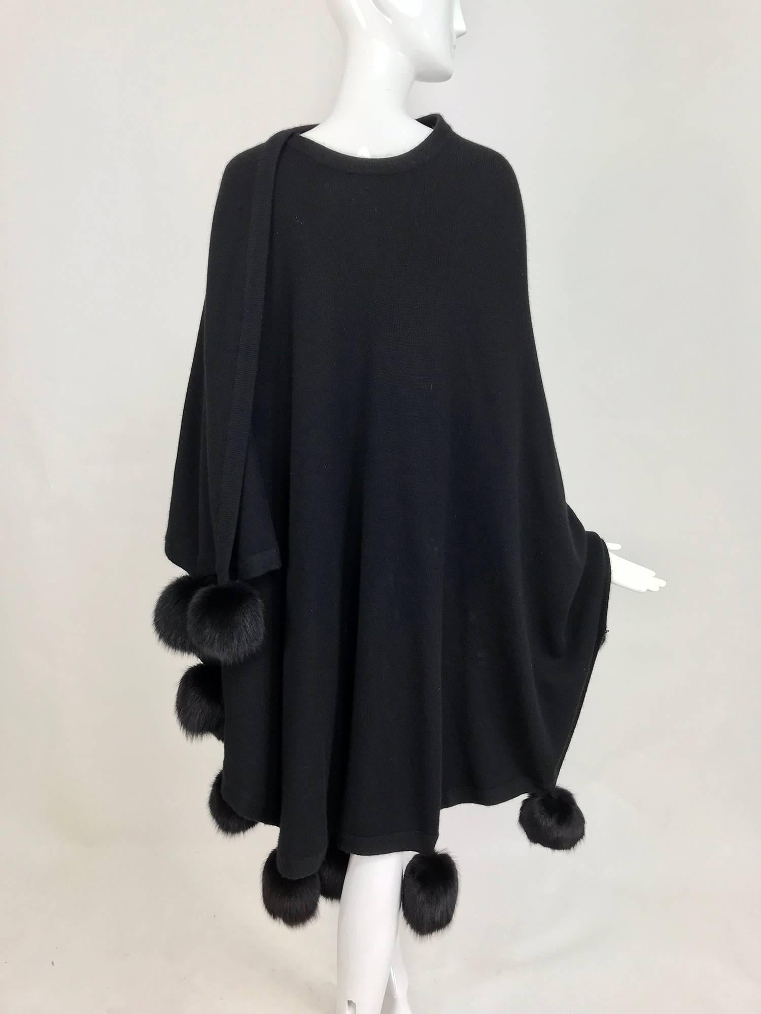 Women's or Men's Black cashmere wool knit cape wrap with black mink pom pom trims 
