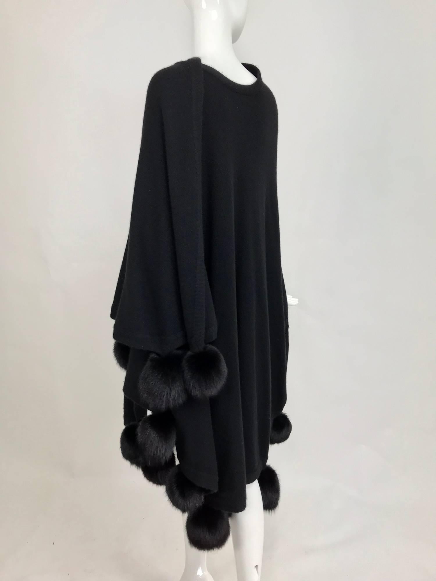 Black cashmere wool knit cape wrap with black mink pom pom trims  1