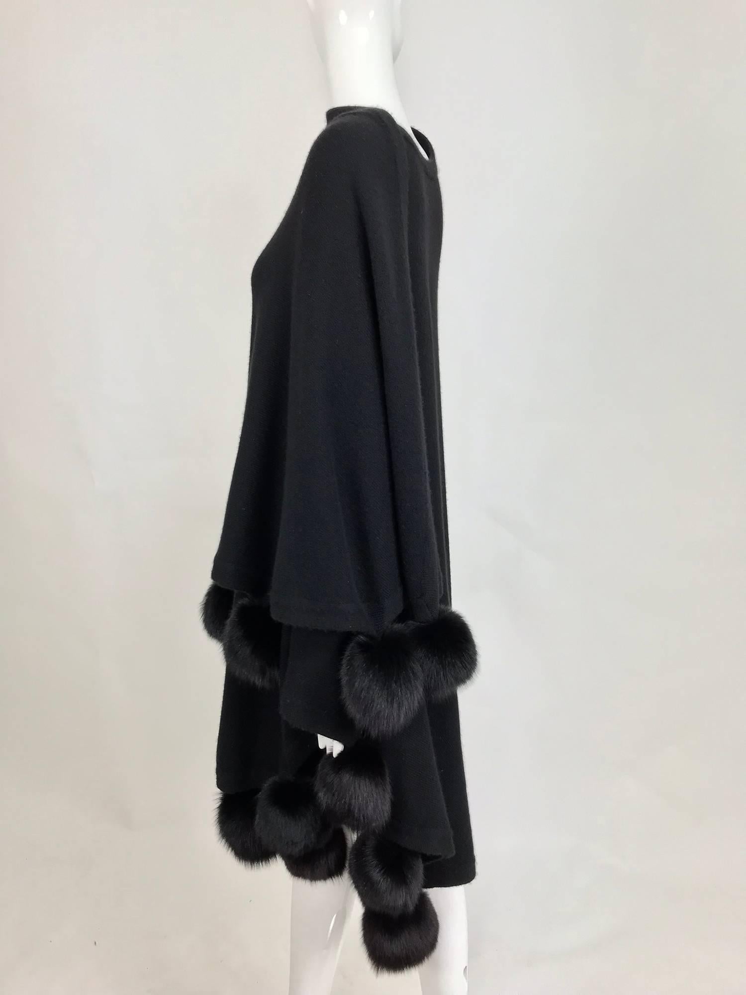 Black cashmere wool knit cape wrap with black mink pom pom trims  2