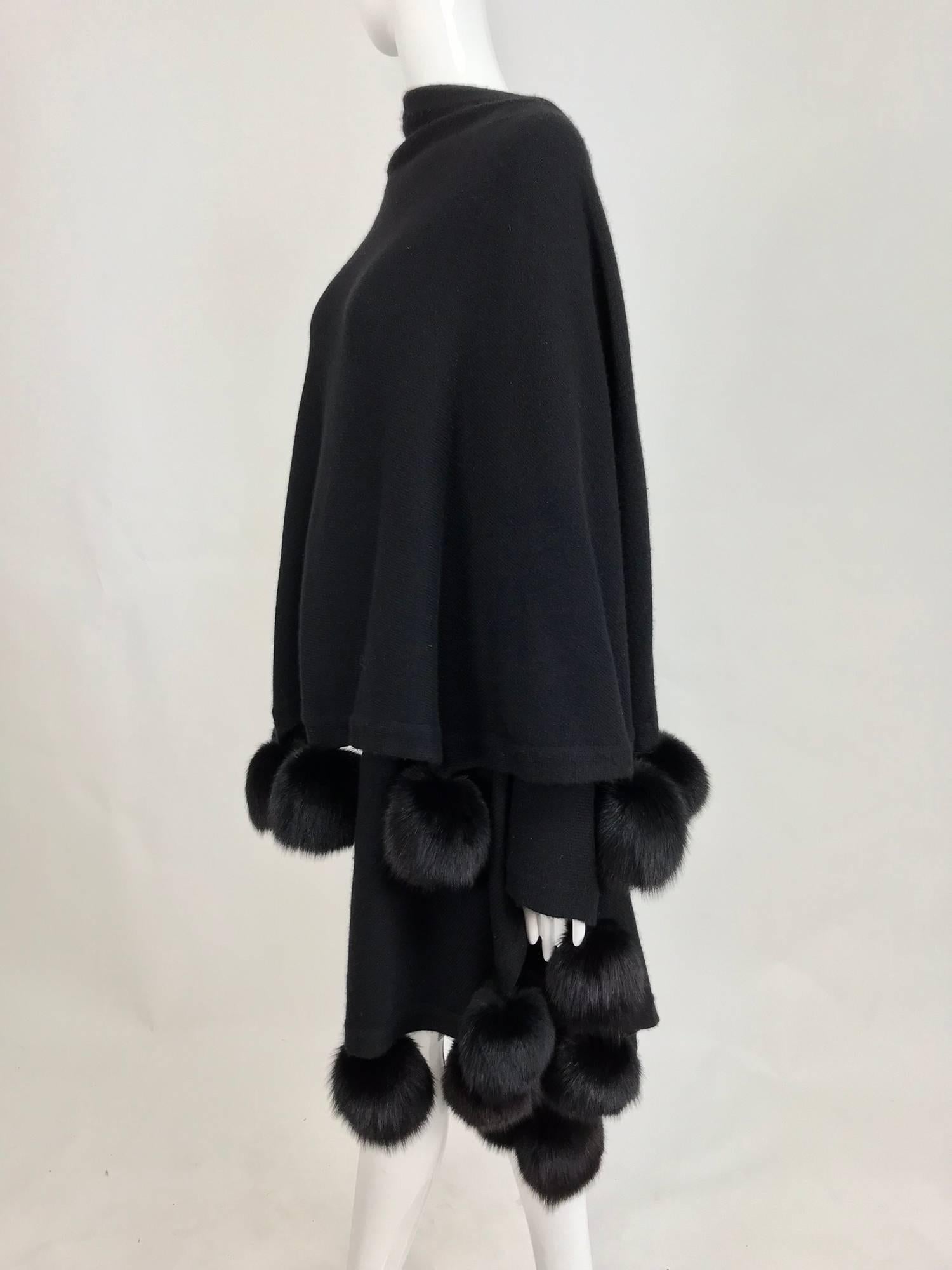 Black cashmere wool knit cape wrap with black mink pom pom trims  3