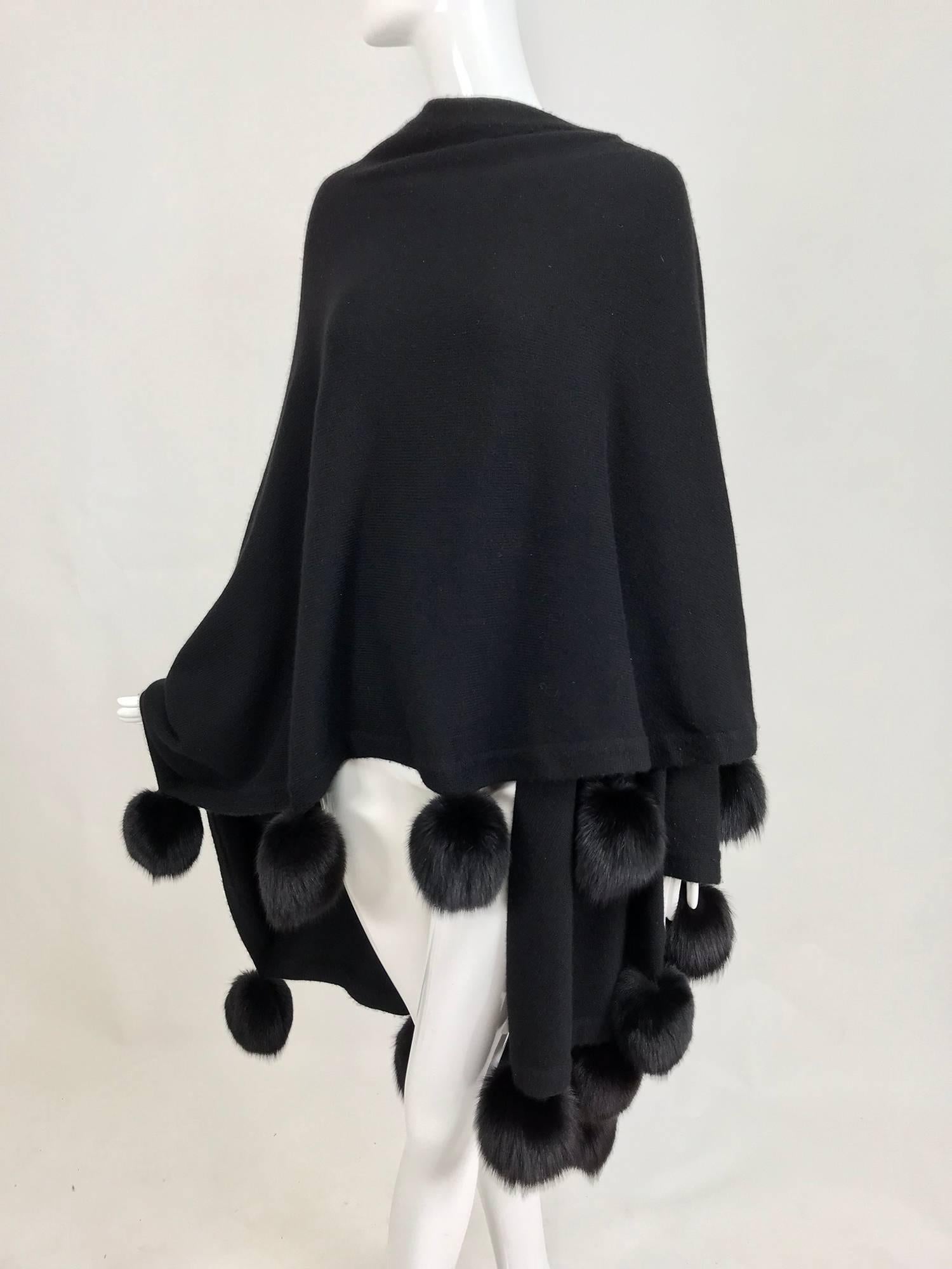 Black cashmere wool knit cape wrap with black mink pom pom trims  5