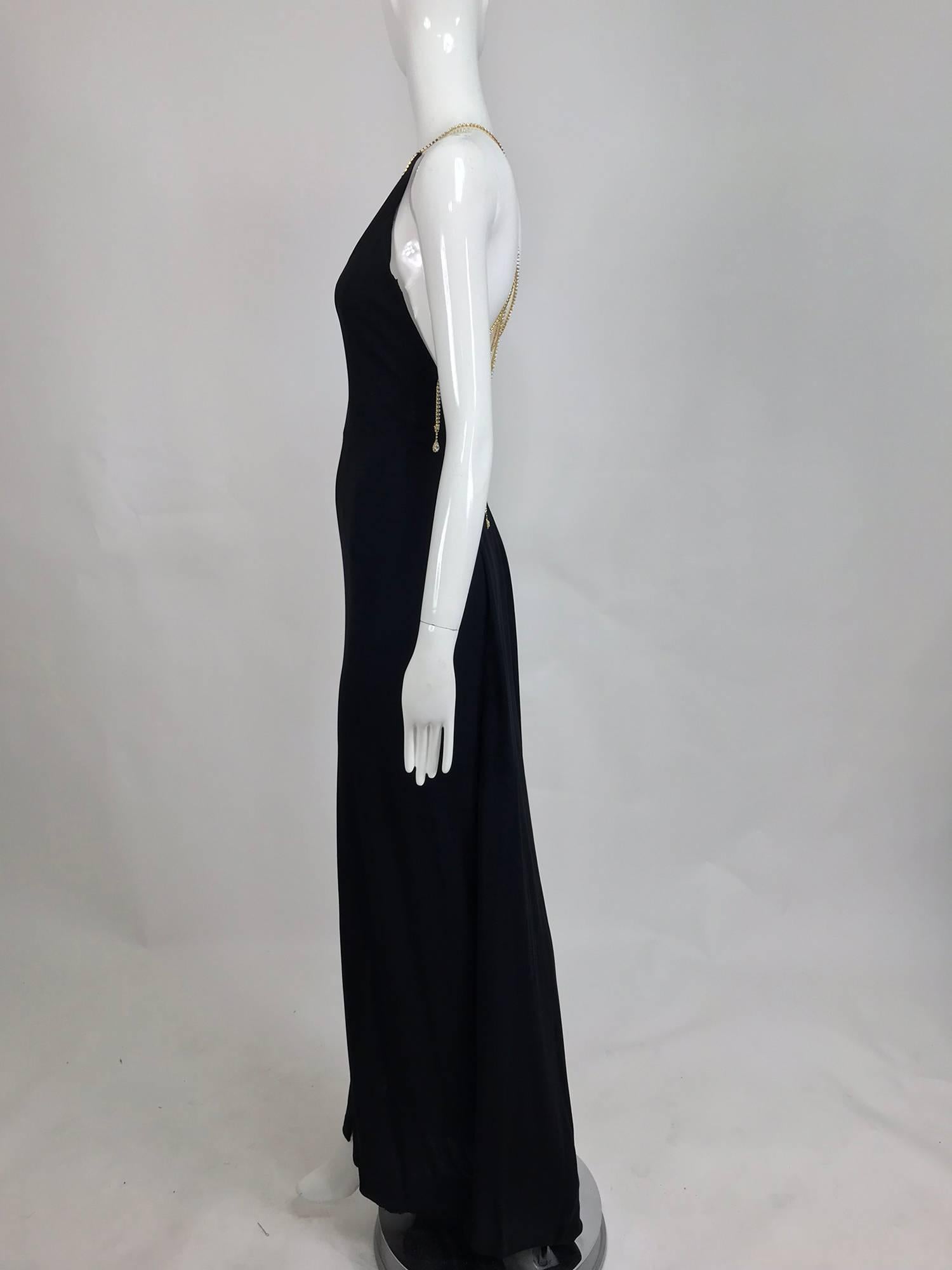 Jiki Monte Carlo black jersey Swarovski crystal plunge back evening gown 3