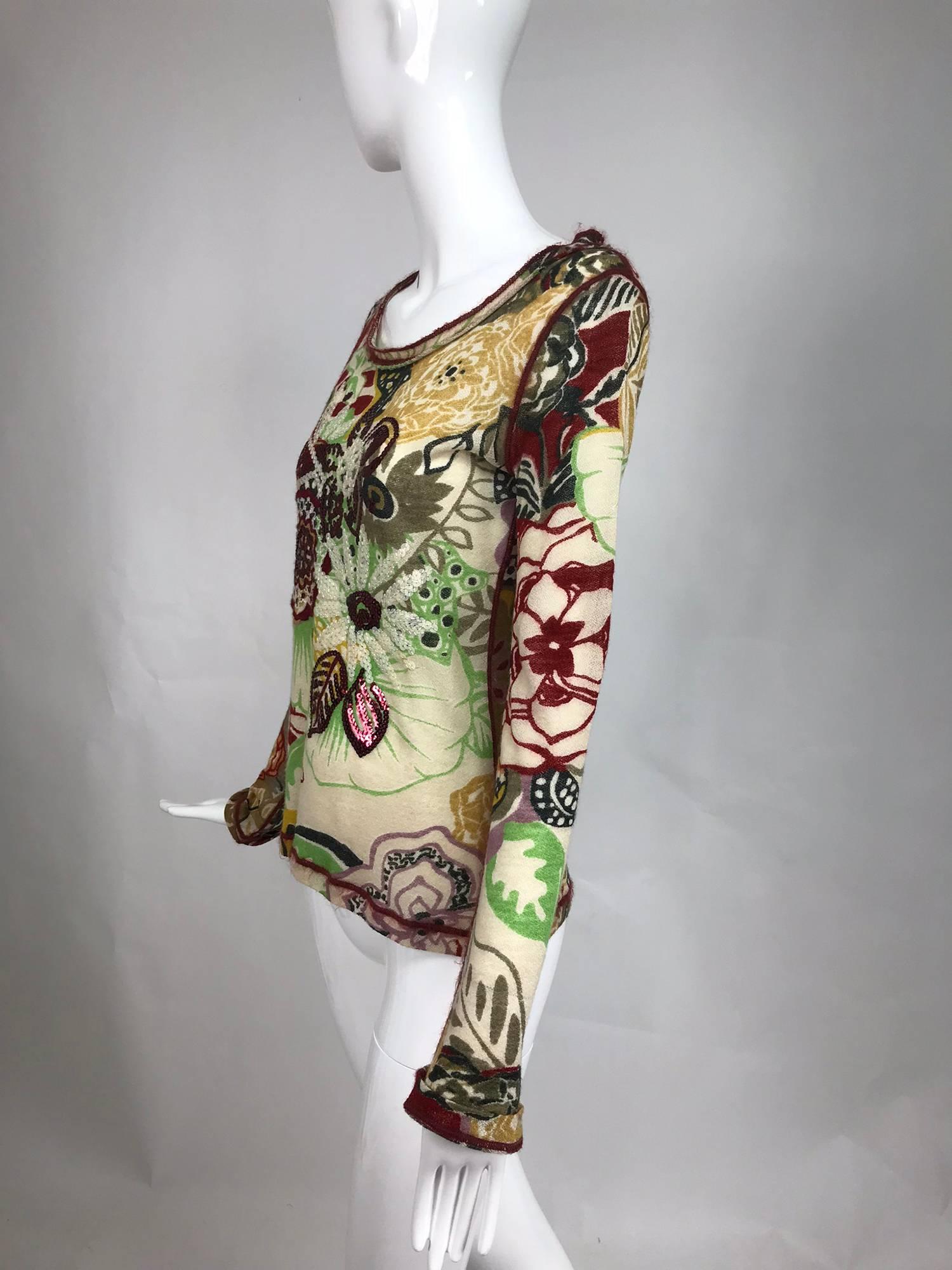 Jean Paul Gaultier Fuzzi sequin floral lacy wool knit sweater 1