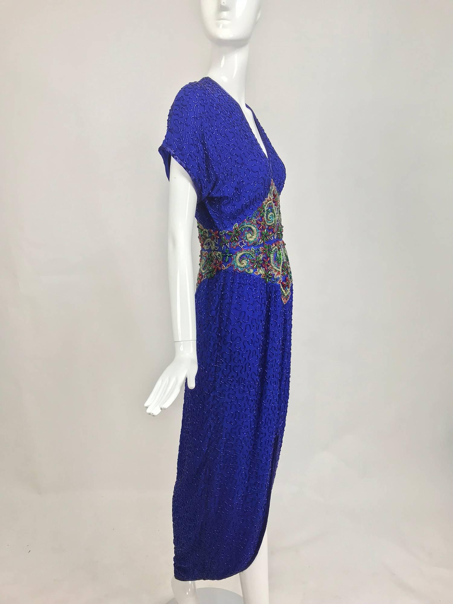Purple Vintage Naeem Khan silk jeweled Raj inspired beaded gown 1980s For Sale
