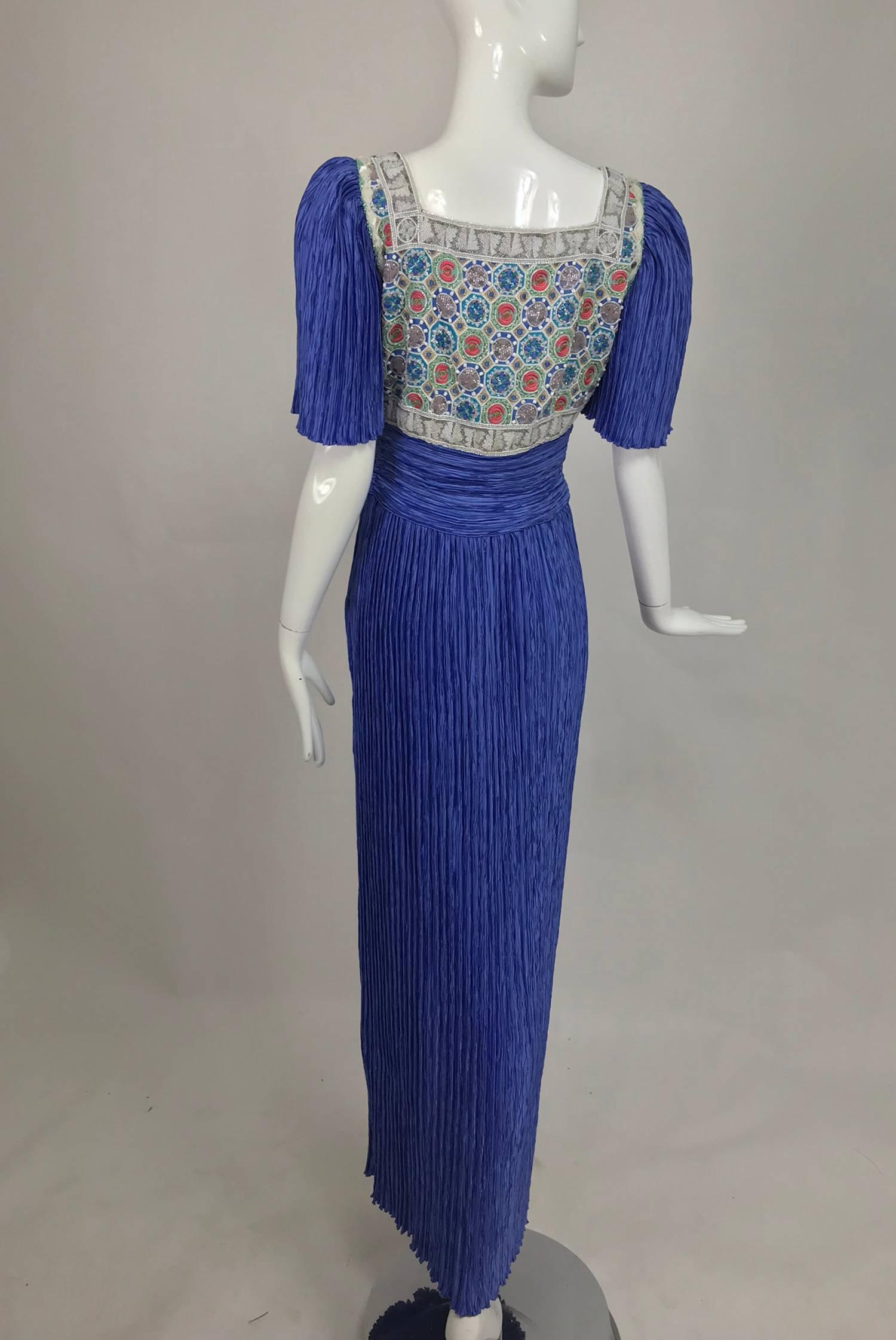 Purple Mary McFadden beaded Fortuny style pleated evening gown 1980s