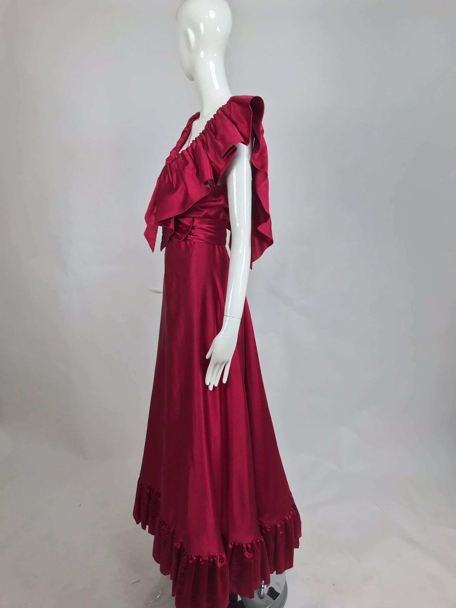 Red Vintage Stavropoulos plunge garnet slipper satin evening gown 1970s