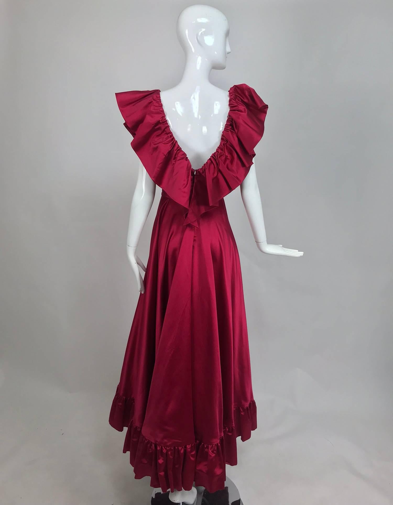 Vintage Stavropoulos plunge garnet slipper satin evening gown 1970s 1