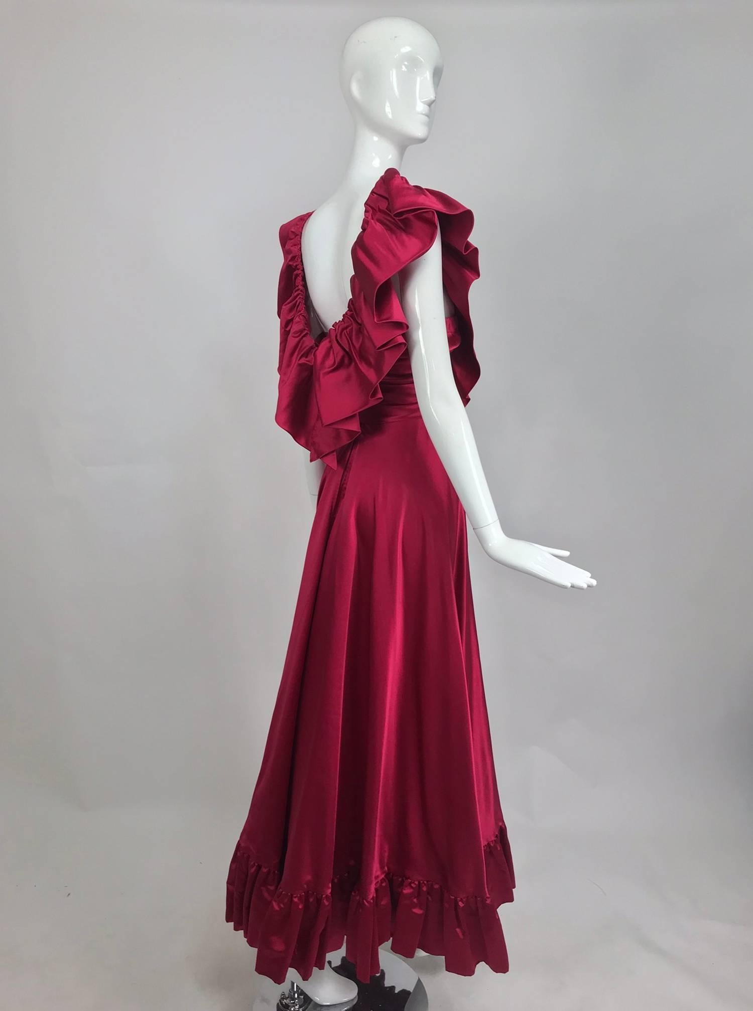 Vintage Stavropoulos plunge garnet slipper satin evening gown 1970s 3