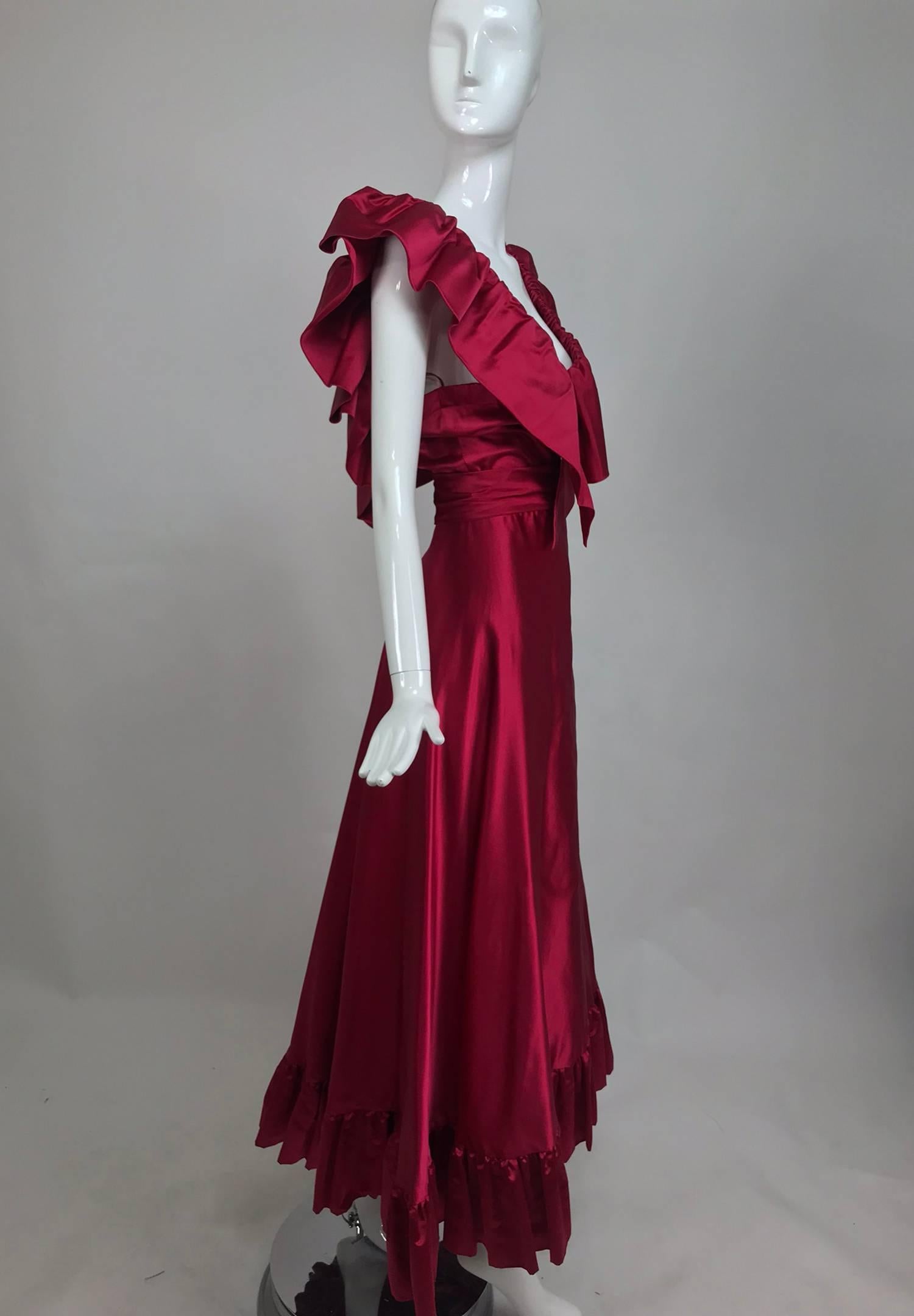 Vintage Stavropoulos plunge garnet slipper satin evening gown 1970s 4