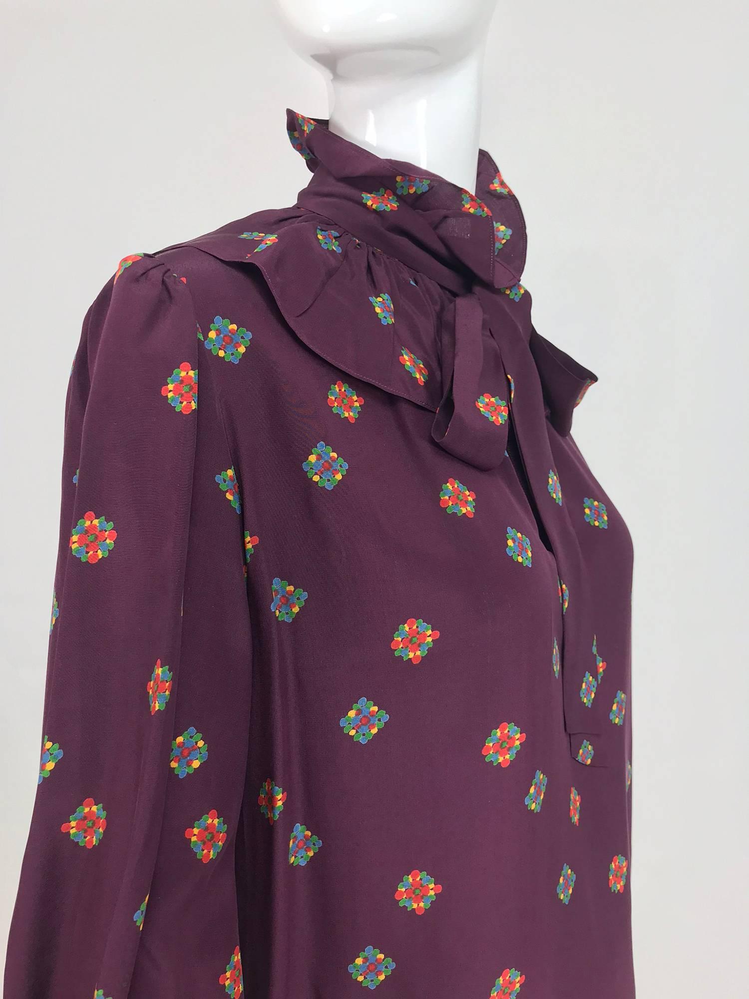 Vintage Yves Saint Laurent Ruffle bow tie floral silk blouse 1970s 3