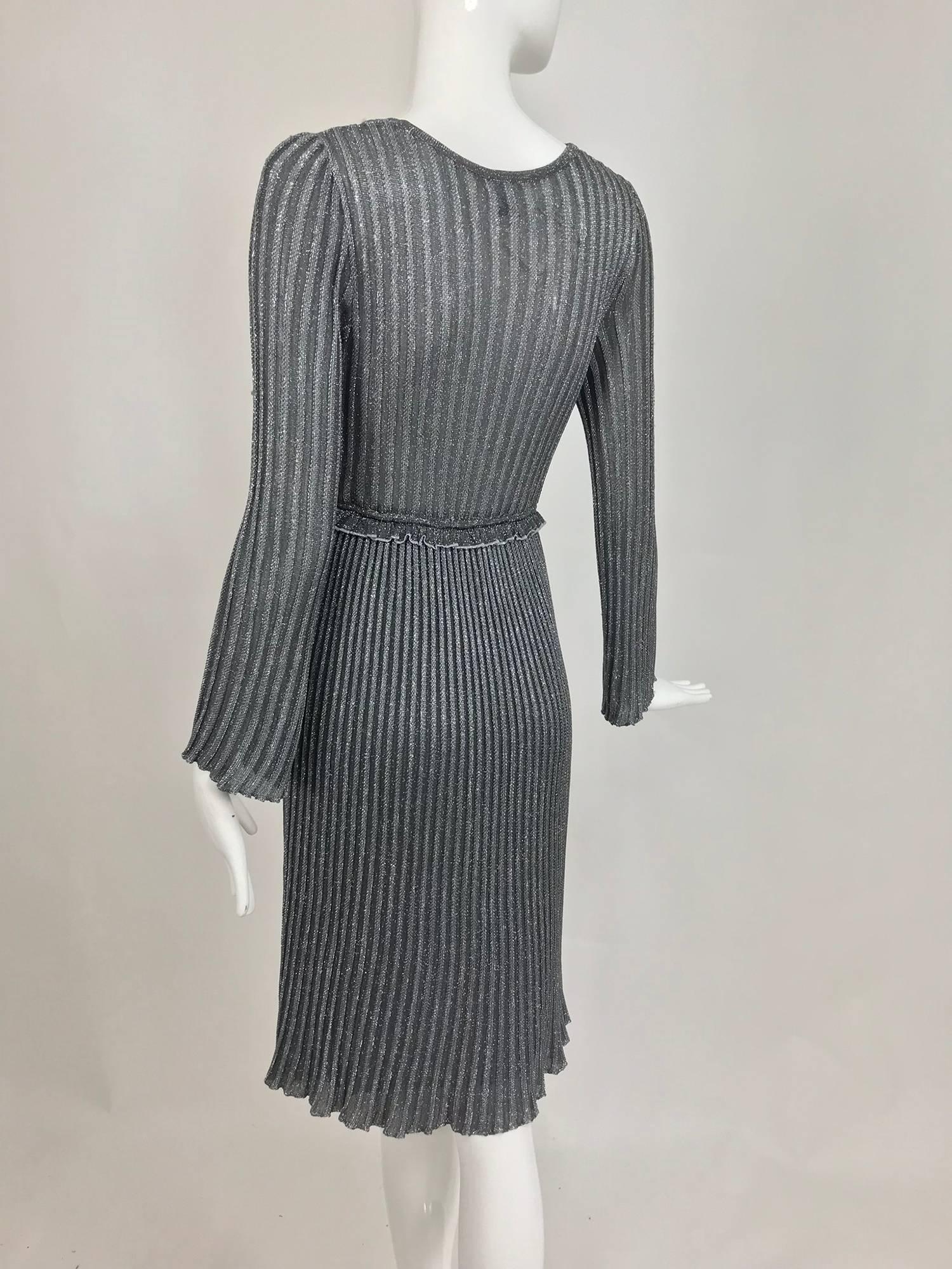 Vintage Missoni silver metallic knit plunge neckline dress 1990s In Excellent Condition In West Palm Beach, FL
