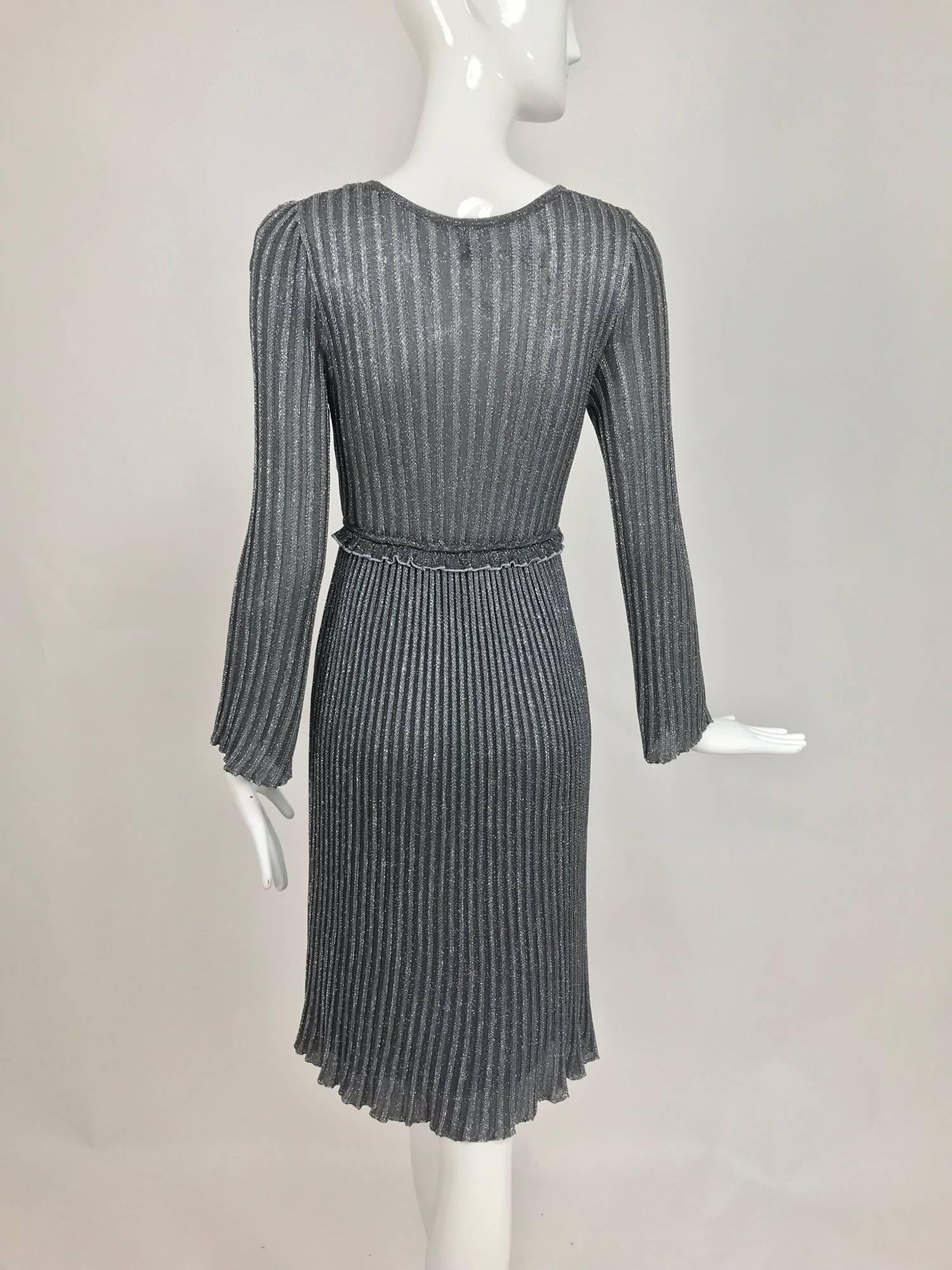 Women's Vintage Missoni silver metallic knit plunge neckline dress 1990s