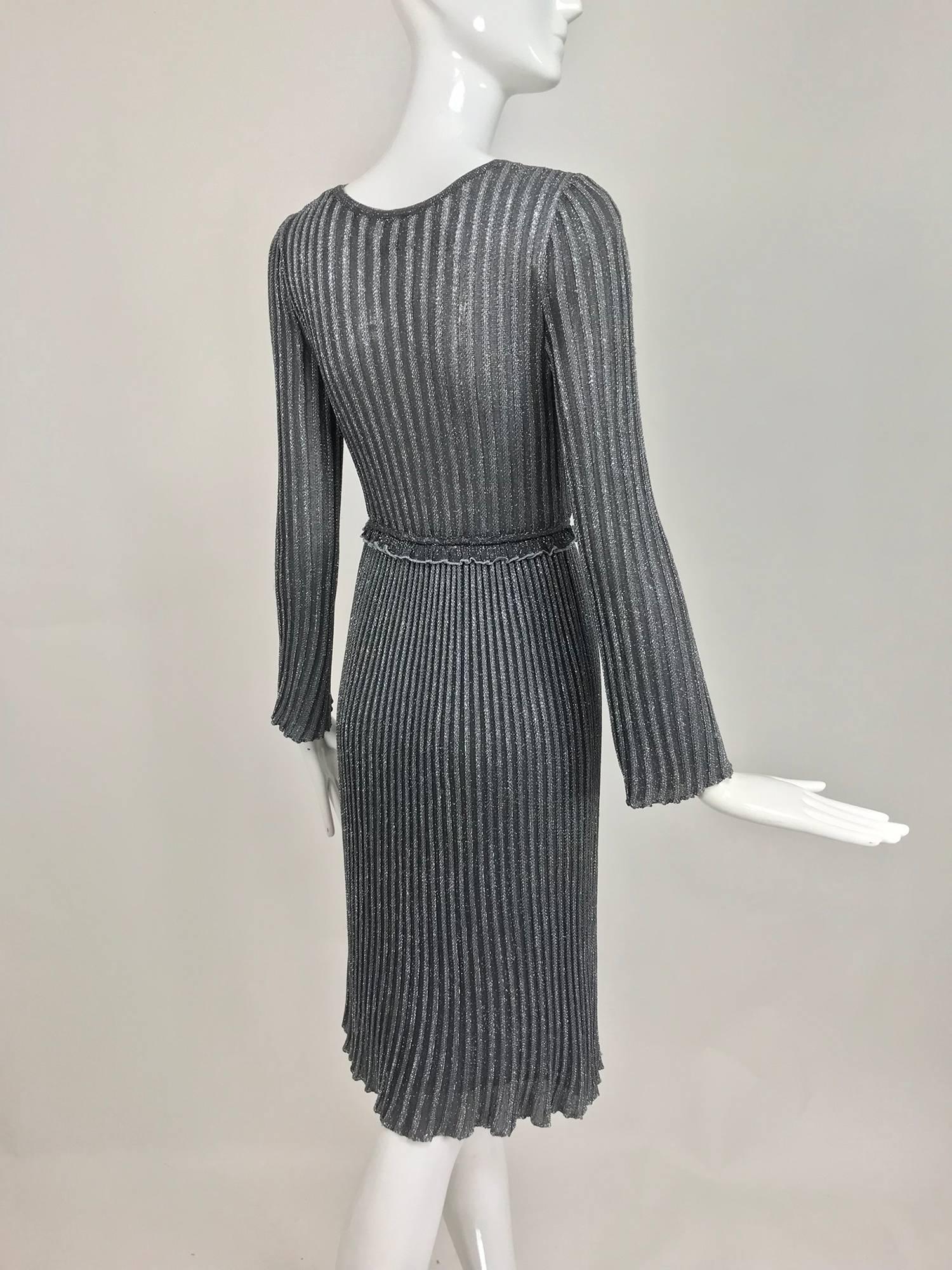 Vintage Missoni silver metallic knit plunge neckline dress 1990s 1