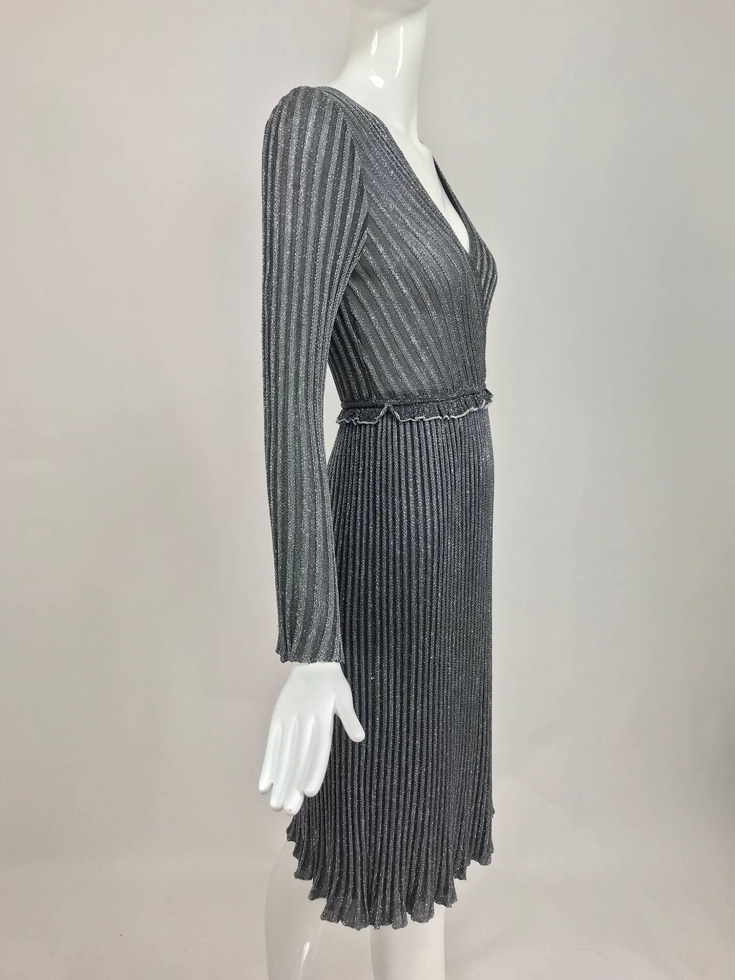 Vintage Missoni silver metallic knit plunge neckline dress 1990s 2