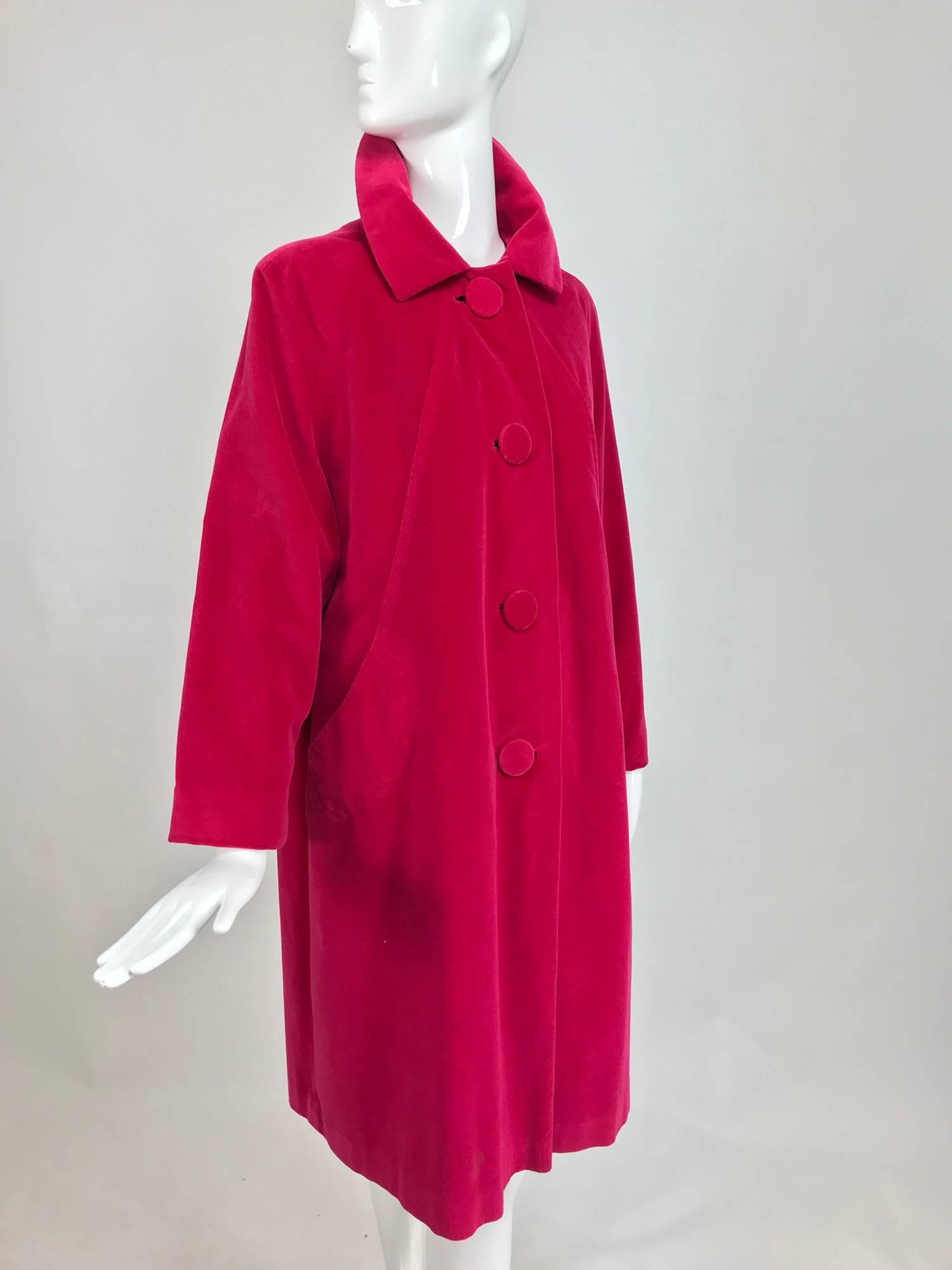 Marguerite Rubel San Francisco bright pink velvet coat from the 1960s...Marguerite Rubel founded her namesake Manufacturing company in San Francisco in the late 1940s, the company specialized in coats & jackets. Her outerwear was carried at