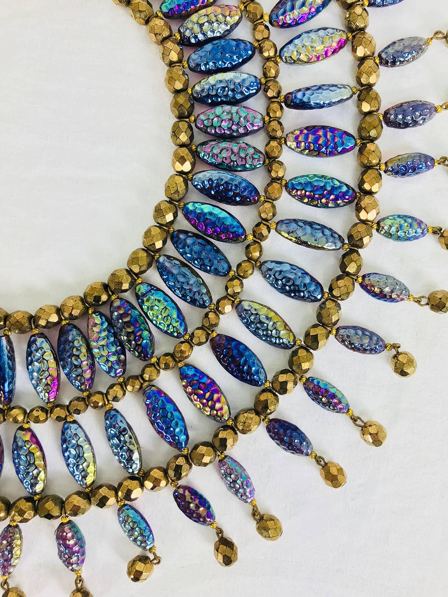Lester Joy of Les Bernard huge textured iridescent glass beaded collar necklace...This necklace is marked Joy, designed by Lester Joy, the Les of Les Bernard Jewelry...From the 1970s the colours are spectacular iridescent blues with gold bronze