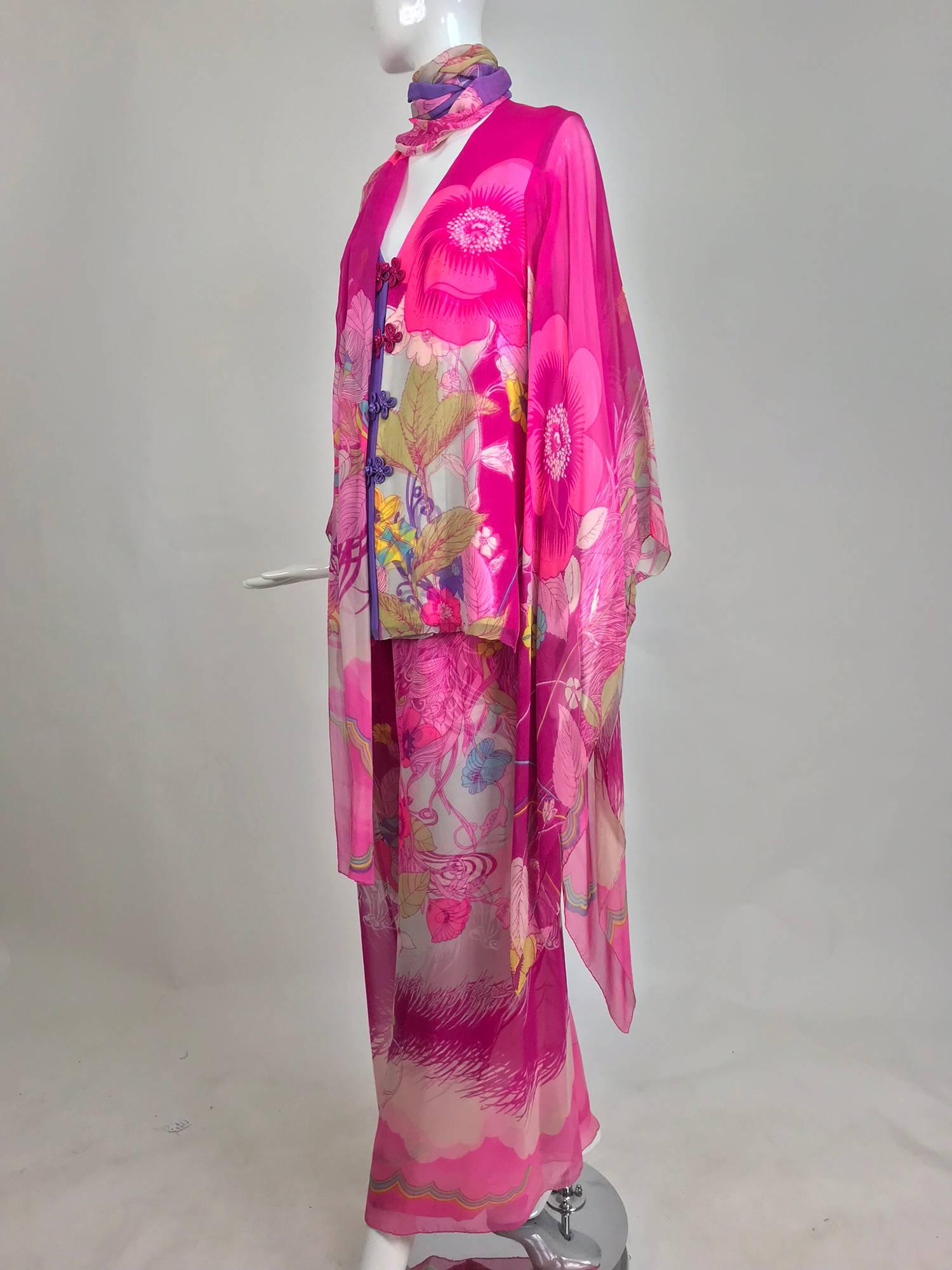 Early Hanae Mori Couture silk kimono evening trouser set in a vibrant pink floral print, the same style in another colour way is found in the collection of the Metropolitan Museum and dated 1966-69...This set is exquisitely constructed of  printed
