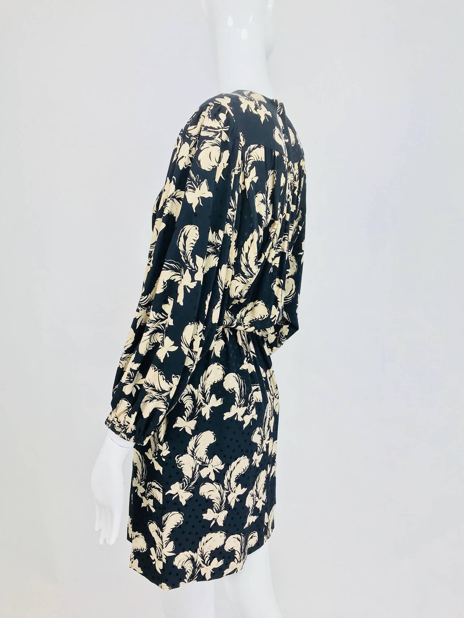 Vintage Yves Saint Laurent black and cream plume print silk dress 1970s ...