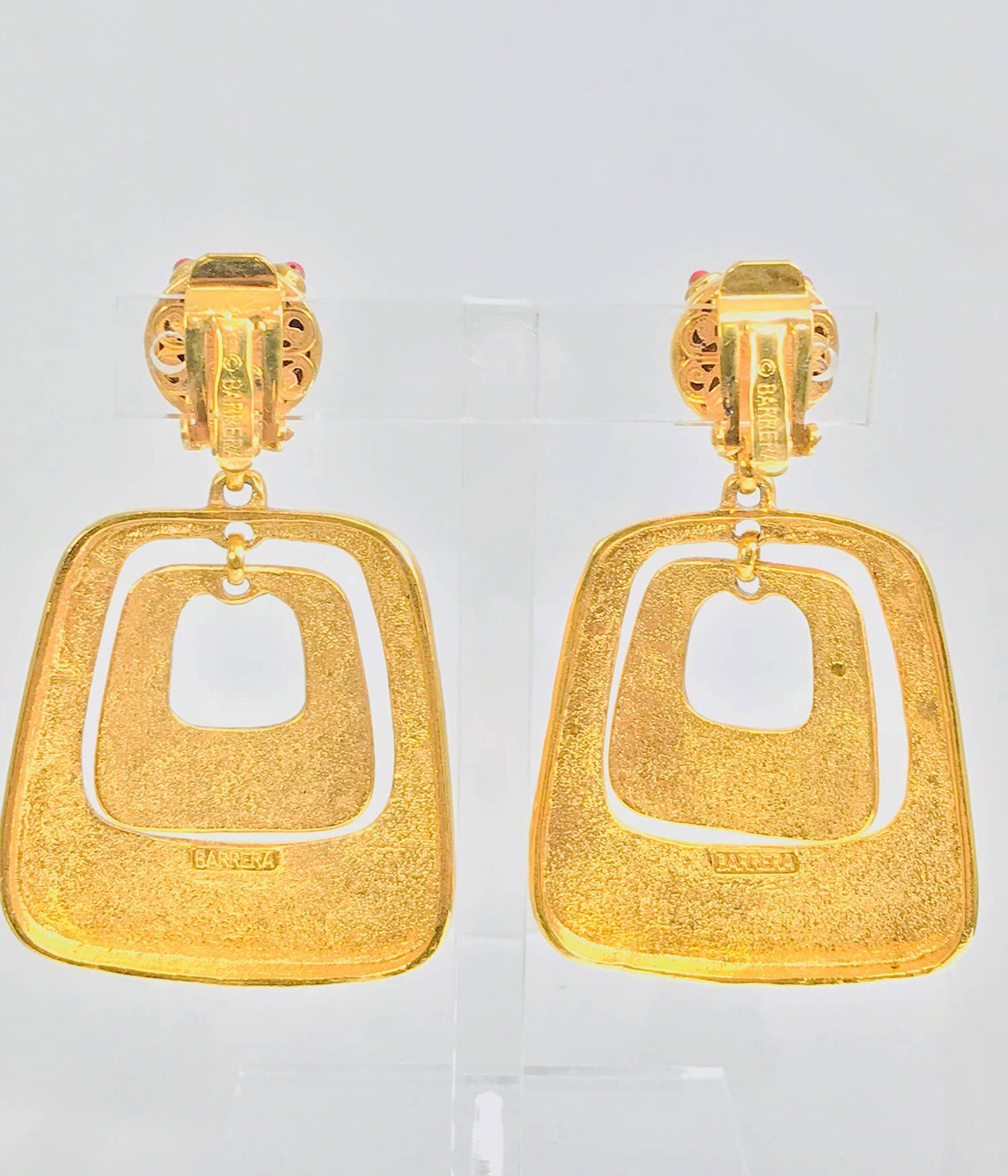 Jose and Maria Berrera stone set gold door knocker earrings...These gorgeous earrings are set with rich russet and gold hue cabochon stones and glittery gold stones...Approximately 2 1/2