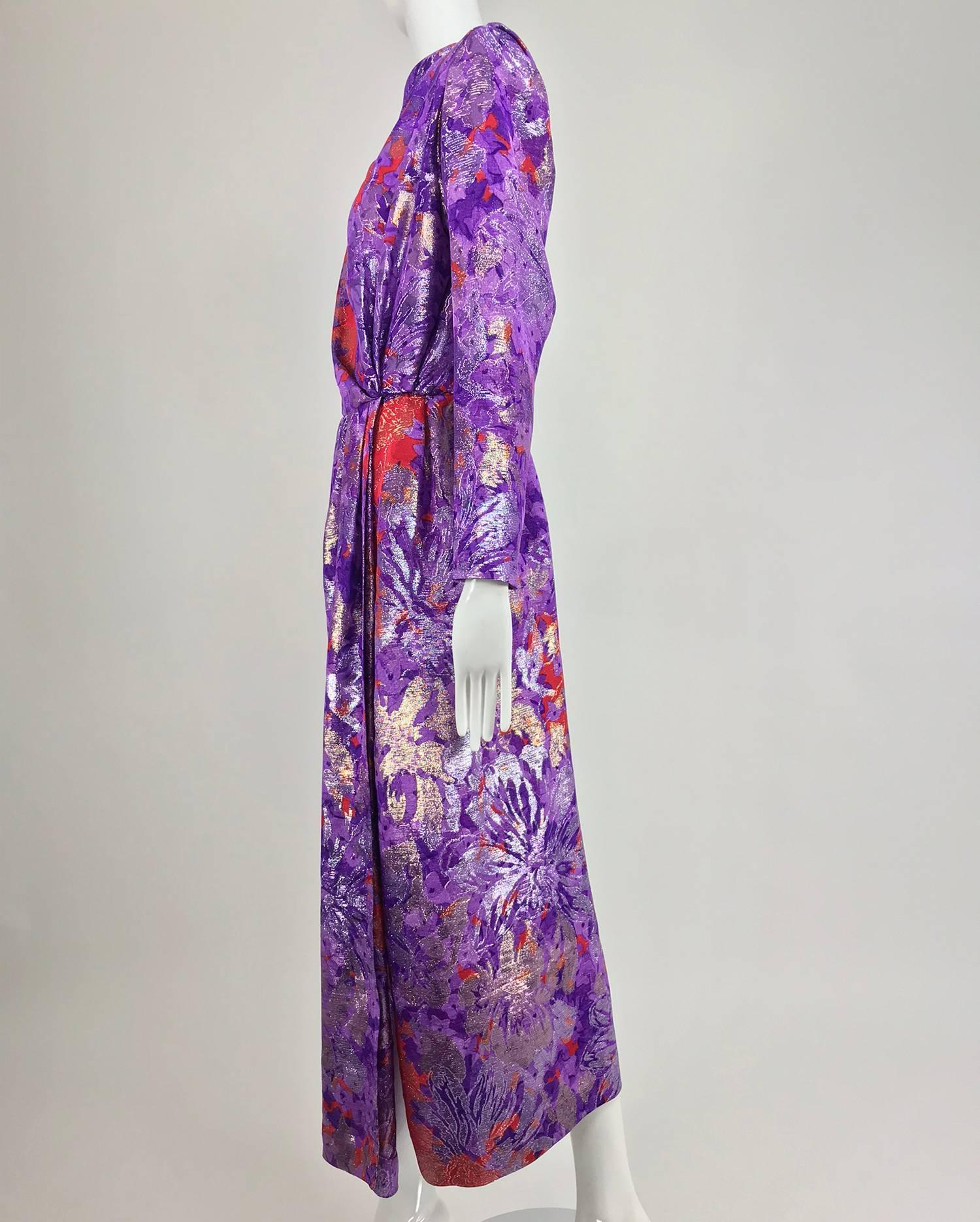 Purple Yves Saint Laurent plunge back wrap metallic brocade evening dress 1980s