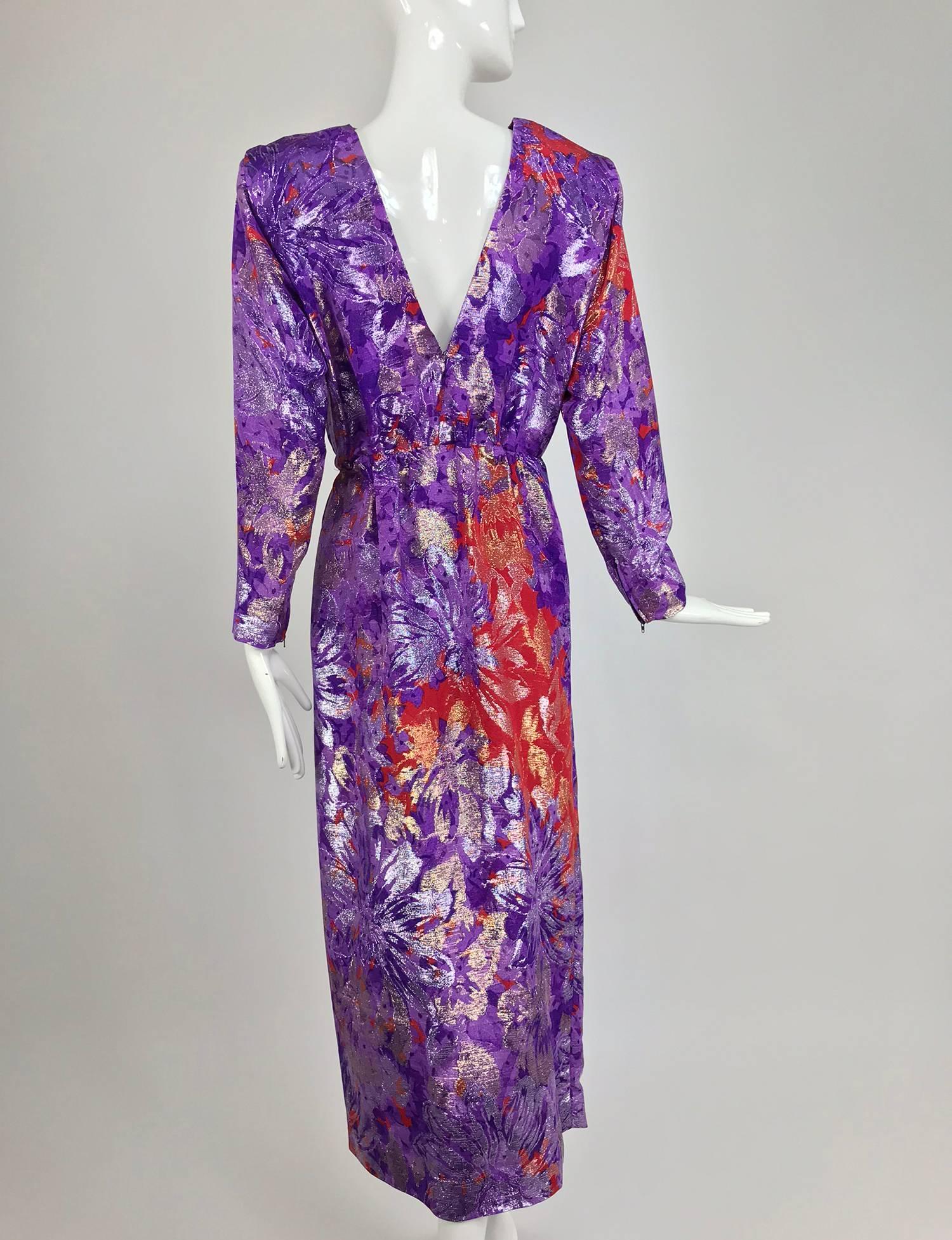 Women's Yves Saint Laurent plunge back wrap metallic brocade evening dress 1980s