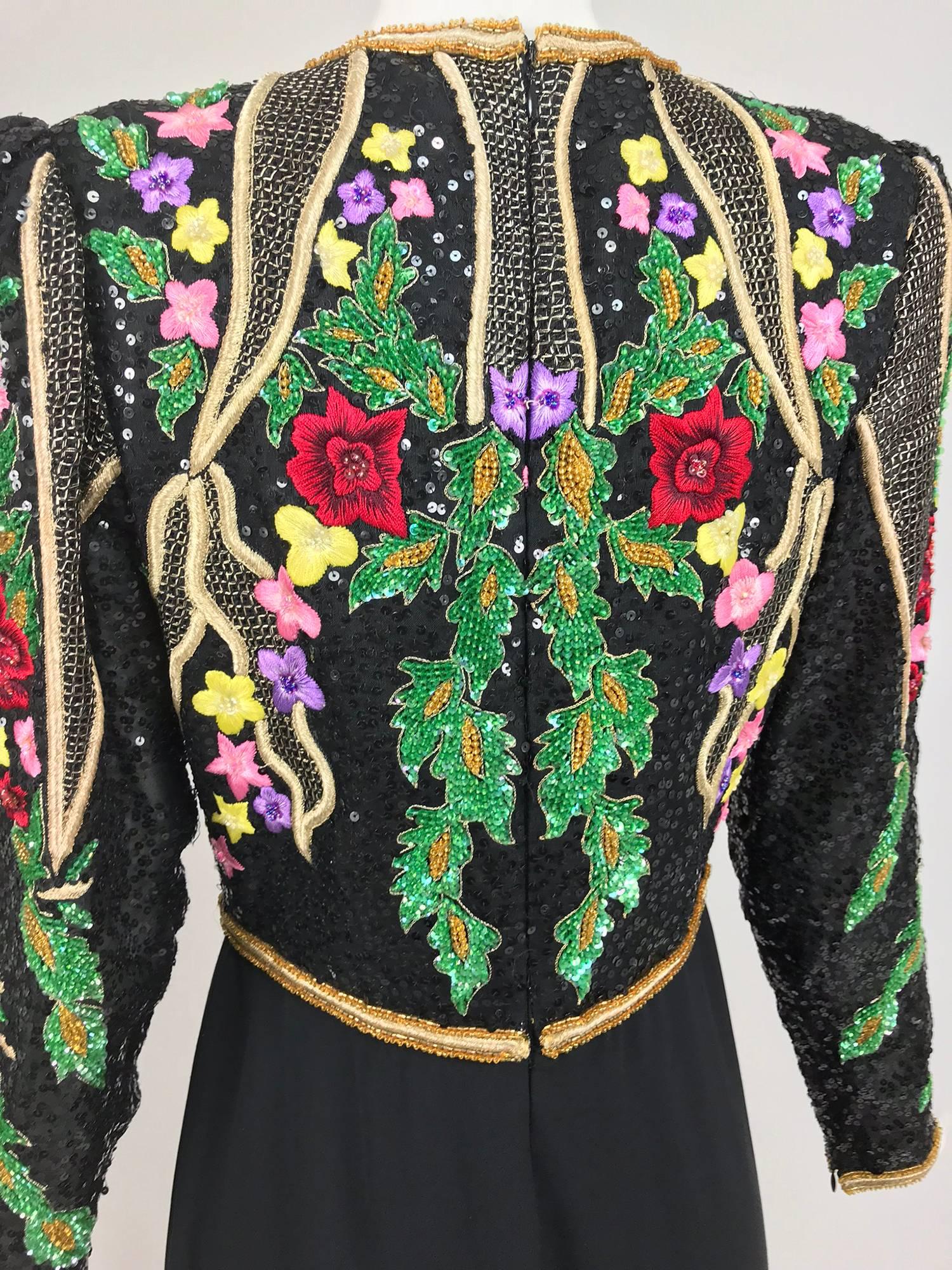 Richilene beaded and embroidered bodice evening dress...The embroidery and beading on this dress is pretty spectacular, the colours are amazing!  Jewel neckline bodice has long sleeves, the shoulders are slightly peaked, the facings and waist band