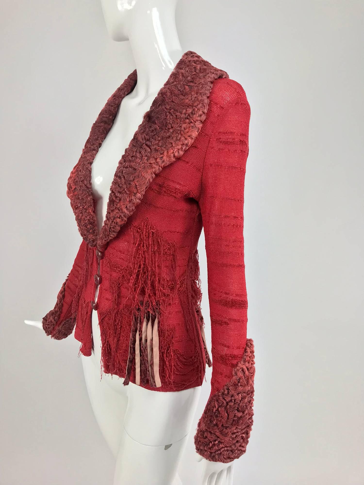 Christian LaCroix Brick Red Cardigan Sweater with Dyed Lamb Fur Trim  In Good Condition In West Palm Beach, FL