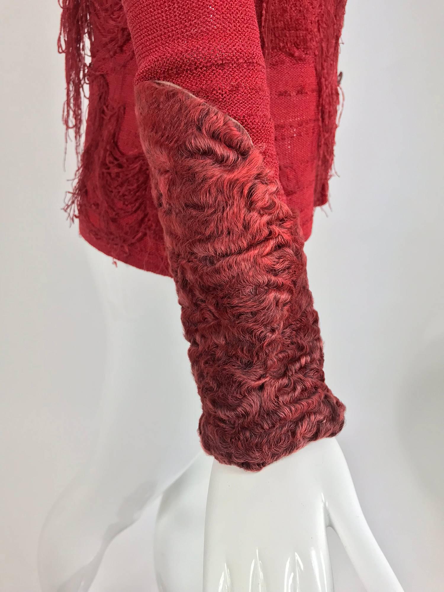 Christian LaCroix Brick Red Cardigan Sweater with Dyed Lamb Fur Trim  1