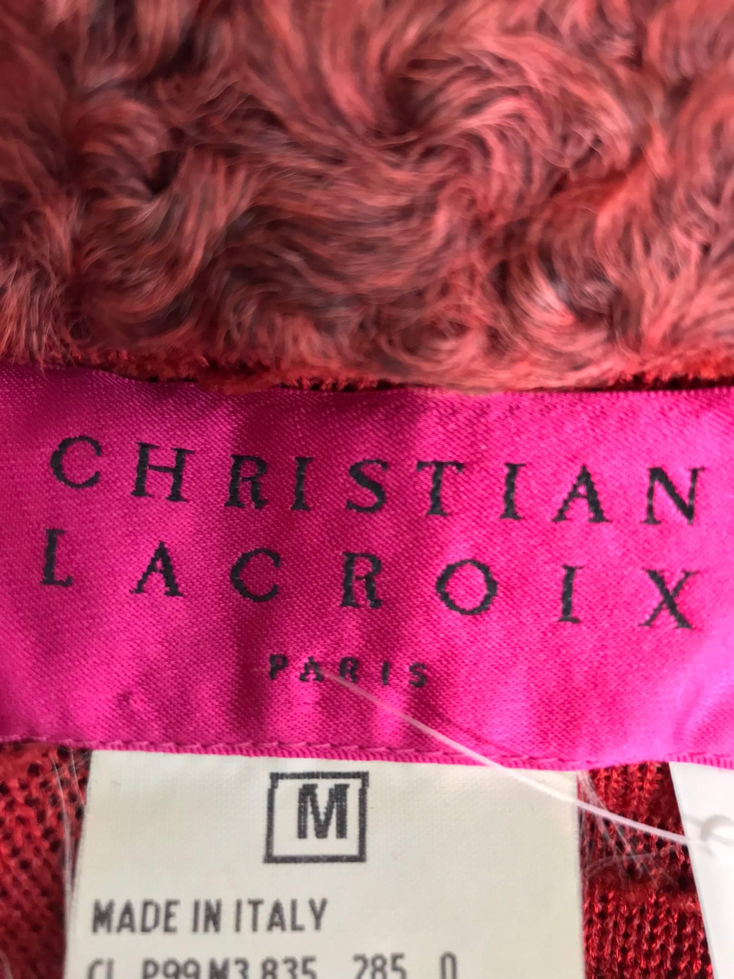 Christian LaCroix Brick Red Cardigan Sweater with Dyed Lamb Fur Trim  2