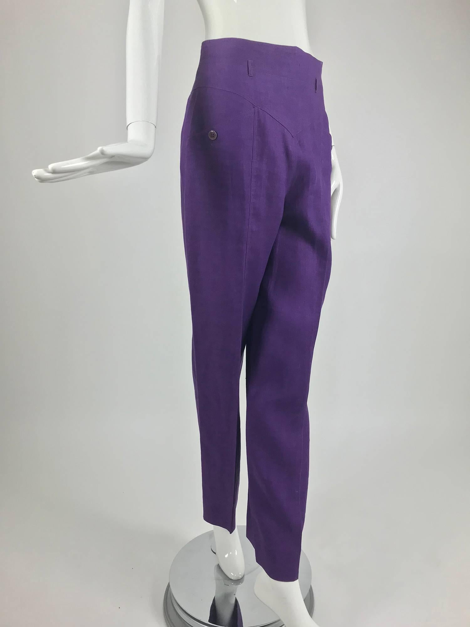 Gucci purple linen high waist trousers from the 1980s...High waist trousers have belt loops at the top (for a narrow belt)...Detailed seaming...Angled button pockets at the hip fronts...Straight wide legs...gorgeous colour...Marked size 44, fits a